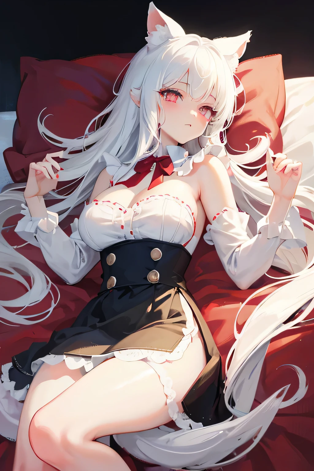 (limited palette), Best quality, (((Masterpiece))), (((Beautiful detailed hair))), (((beautiful detailed skin))), Solo, , Younger, Loli, (((White hair))), Red eyes, (mascara), Blunt bangs, ((Hair over eyes)), Long hair, Medium breasts, Frilled white miniskirt, White frills, Too much decoration, Rose, Noble, setia, The bride's hair, (((Eye focus))), (((Expressionless))), The background is blurred out, Empty eyes, Blank eyes, (Red theme), Metro background, view the viewer, (((hair tucking))), (((Night))), Semi-closed Eyes, Close-up, (((hair adornments))), , Neatly cut bangs, There are braids on the back of the head, Sleeveless dress,perfect hand，perfect foot，with perfect legs，Black pantyhose，、slender leg，Silk feet，black pantyhoses，black lence stockings，Perspectiveal，Black socks，Black socks，Black stockings，Black socks，Black tights，blackstockings，Type M，legs separated，opening legs，low chest，cleavage，long leges，cropped shoulders，No shoes，bends his knees，squatt，Hold your legs，knee hugging