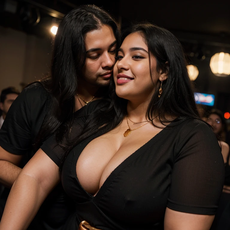 Chubby fat bbw nerdy latina young woman (20 years old), chubby belly, long straight black hair, wearing sexy black dress, Golden necklace,man hugging from behind, romantic kissing, passion Kiss,with several tall men, 4 men, in nigth  club, discoteque, dark lights, smiley expression,view from the side