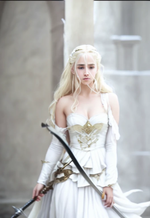 Blonde girl in white dress holding sword in dark room, Movie goddess shooting, Emilia Clarke plays the Greek goddess, Emma Watson plays blonde Aphrodite, Movie goddess full body photo, daenerys, still from a fantasy, Emma Watson plays the Snow Queen, also known as artemis selene, Kristen Bell as Greek goddess, daenerys targaryen