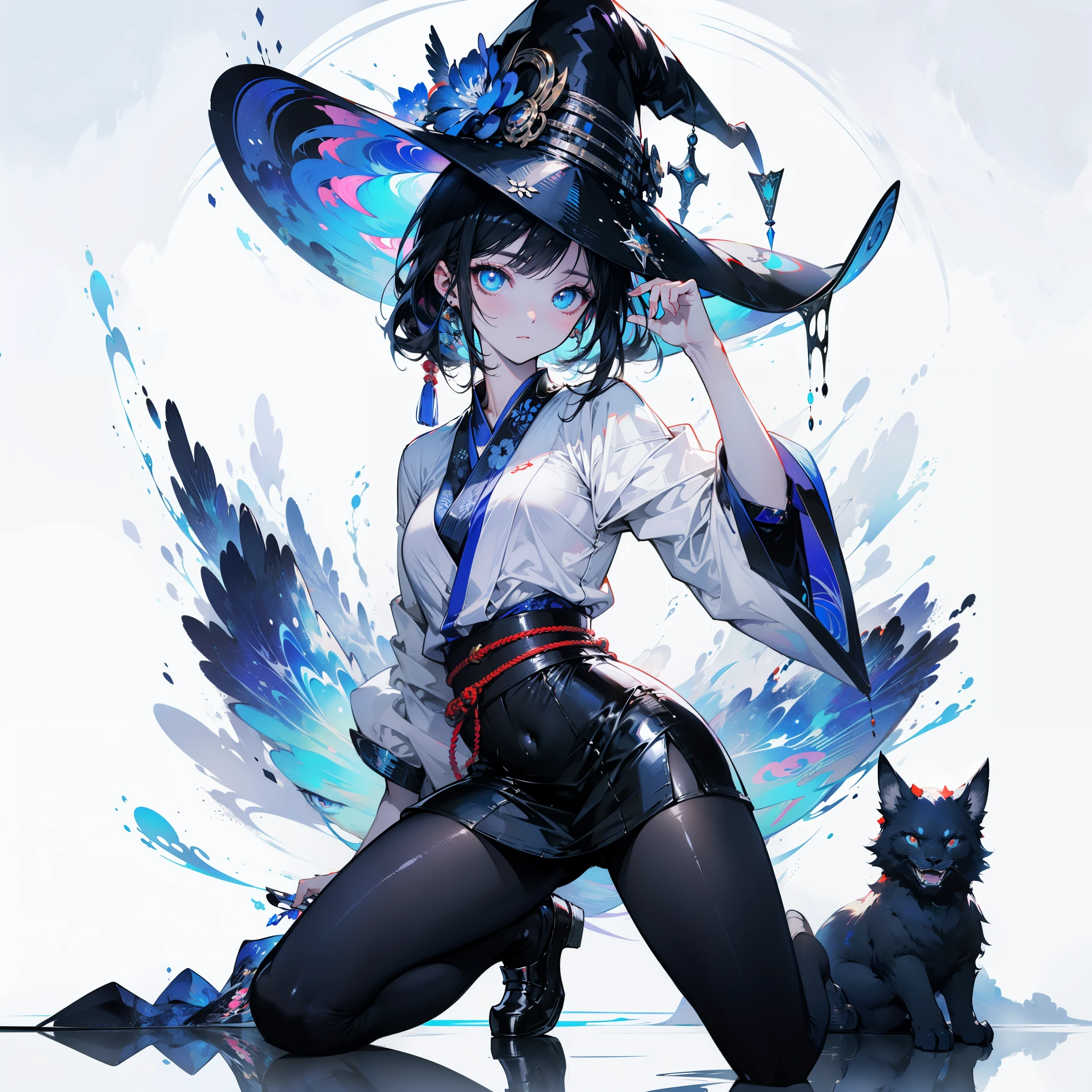white background, blue skirt,solo woman, alone, (kneel down), (kneel down on white glass surface), (dk, small), (white background), (witch hat), curly, looking at the viewer, with panoramic view, Vision, It begins with the night of the ark., Popular topics on Art Station pixiv, Arknight, pixiv digital art,Onmyoji detailed art, Japanese anime fantasy illustration, author:hero, anime art wallpaper 8k, Sky Witch, pixiv style, anime art wallpaper 4k, anime art wallpaper 4k, (pretty background), Ink painting style,pretty colors,Decisive cut,広いblank領域, blank, space,master piece, super sophisticated,epic work,expensive、expensive品質,best quality,4K
