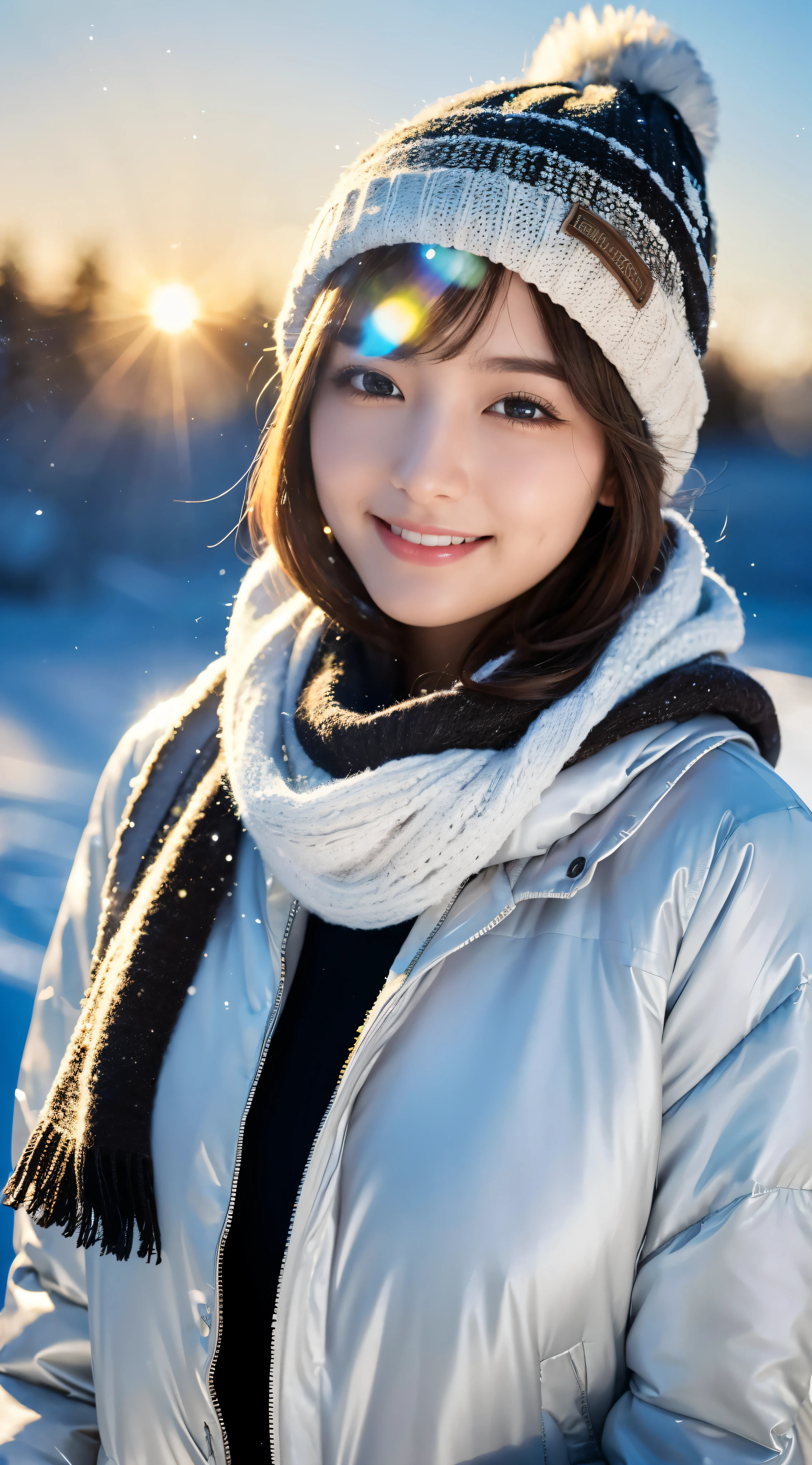 (highest quality,masterpiece:1.3,ultra high resolution),(Super detailed,caustics,8k),(photorealistic:1.4,RAW shooting),A silver world all around,snowfield,Diamond dust,Snow sparkling as it reflects the light,sunshine,Backlight,22 years old,cute,natural brown medium hair,knit hat,Smiling and looking at the camera,Scarf,big boobs,Down jacket,shot from the waist up,Natural light,professional writing