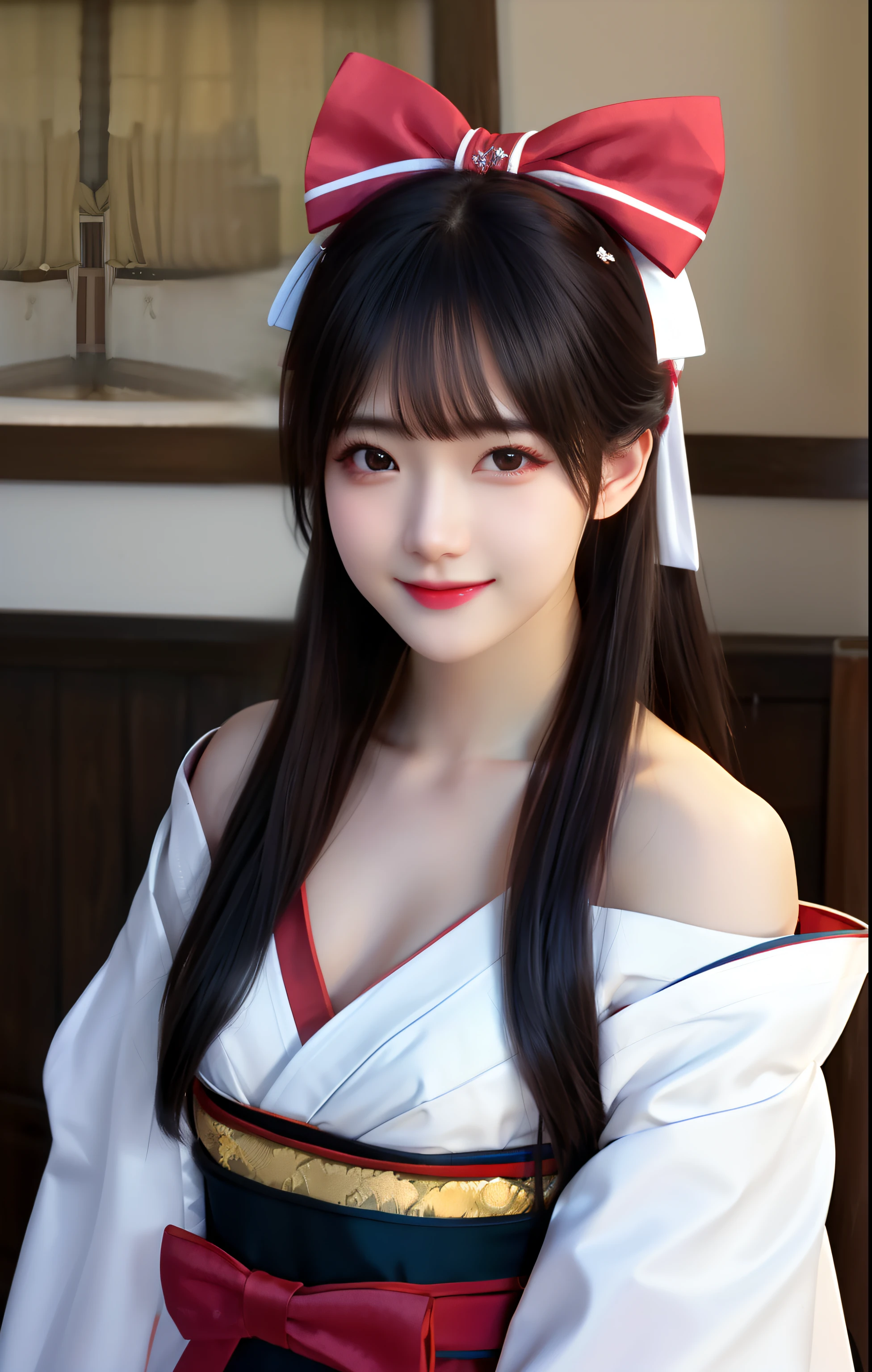 masterpiece,best quality,upper body,1girl,(beautiful face), realistic,long hair, blackhair,(hair bow),(small breasts),(off shoulder),(breast out),(nipple flick),hanfu,looking at viewer, , hanfu,facing viewer,light smile,