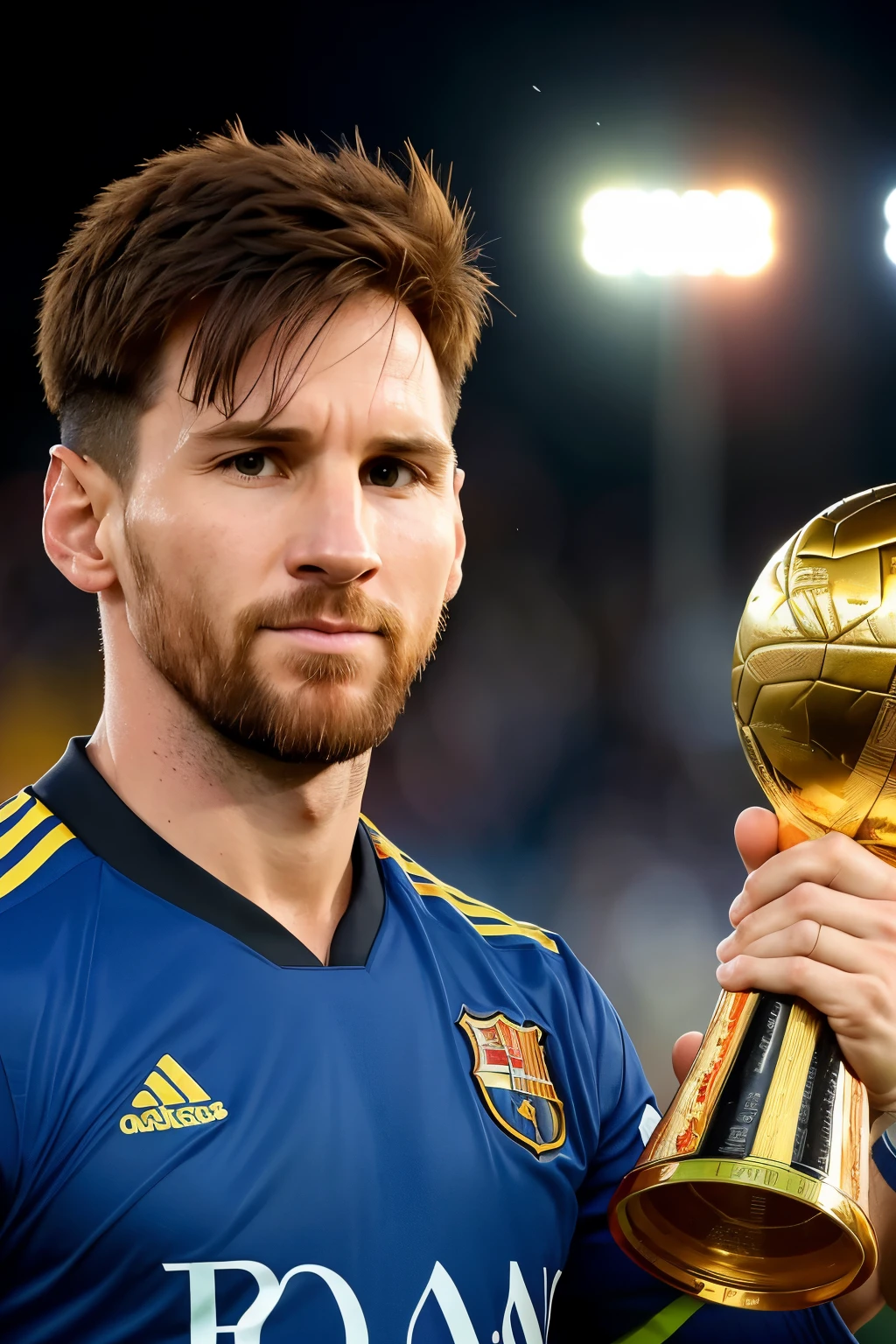 Photo of Lionel Messi, triumphant, At the age of 35, winning the World Cup for the second time, ((Portrait)), ((Detailed face:1.2)), ((Detailed facial features)), ((Intense, focused gaze)),, pale skin, , clad in Argentina's national jersey, Football field environment, Holding aloft the coveted trophy, Warm, Sunlit, Reflectors, (masutepiece) (perfectly proportions)(photos realistic)(Best Quality) (Detailed) photographed in a Canon EOS R6, 70-200mm Lens, F/4.0, High shutter speed,