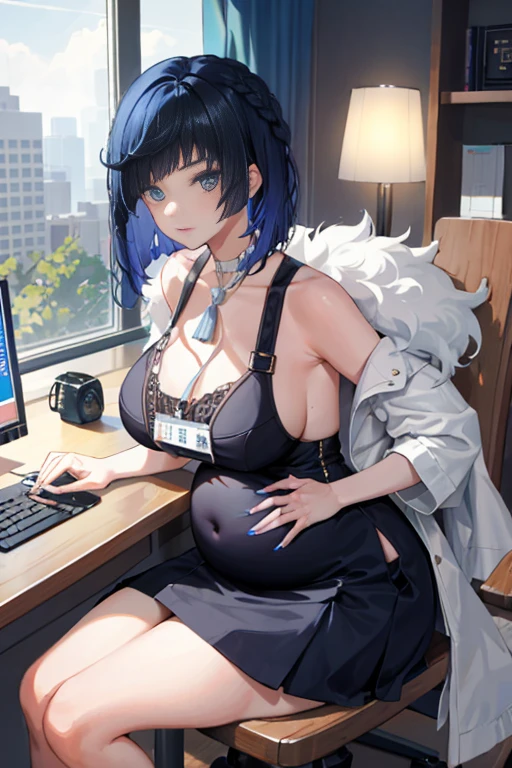YELAN, 1girll, 独奏, ((white shirt)), black thighhigns, nedium breasts,, 校服, office backdrop, a black skirt, pleatedskirt, office room, hair between eye,big cleavage breasts, short detailed hair, looking at viewert, Blue hair, Short blue nails, eBlue eyes, 独奏, upper legs, upper legs, long whitr hair, ((tmasterpiece)), Sat down, a chair, Study desk, Computer on the desk, name badge, ID cards, inside in room, Be red in the face, sexyposture,pregnant belly,Pregnant belly