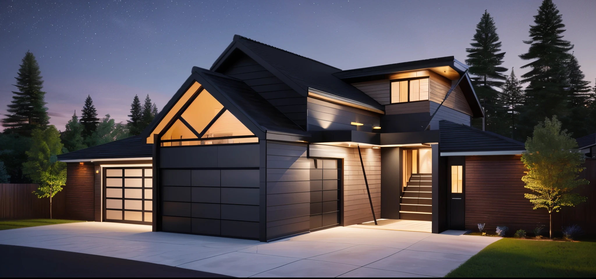 gable roofs, contemporary chalet house, floor-to-ceiling windows, red brick exterior, smooth limestone accents, black garage-door, linear, hotel chic, exterior design, award winning render, contemporary house, a photorealistic rendering, fully detailed render, large modern residence, 4k, dusk, dramatic exterior lighting