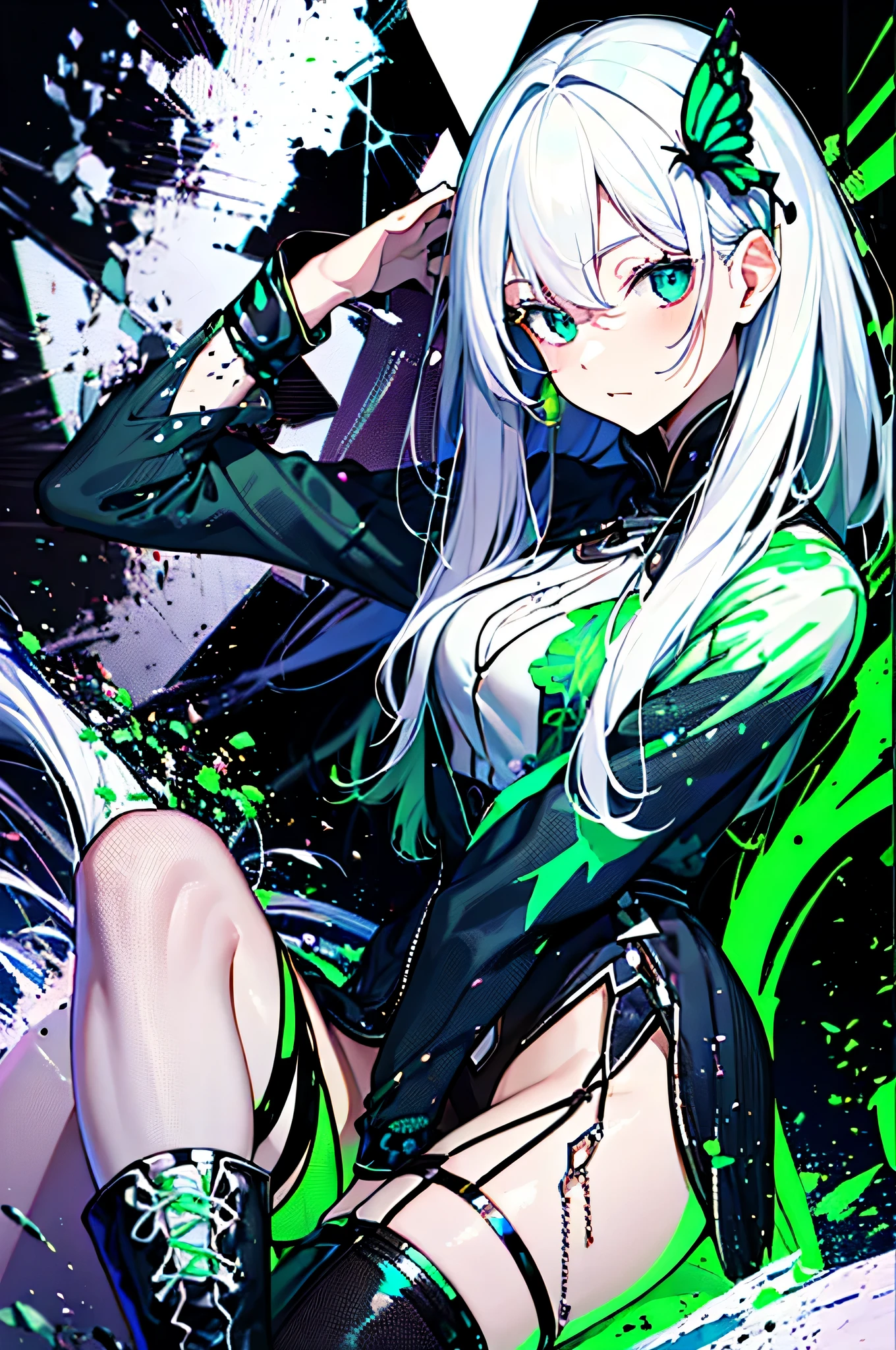 (debris flies, highest quality, ultra high resolution),1 girl,suit, , beautiful and detailed face, fine eyes,((gray hair)),(((Black and Green theme))),((whole body)),perfect eyes、no background,white background,black boots,one piece,echidna,butterfly々hair accessory