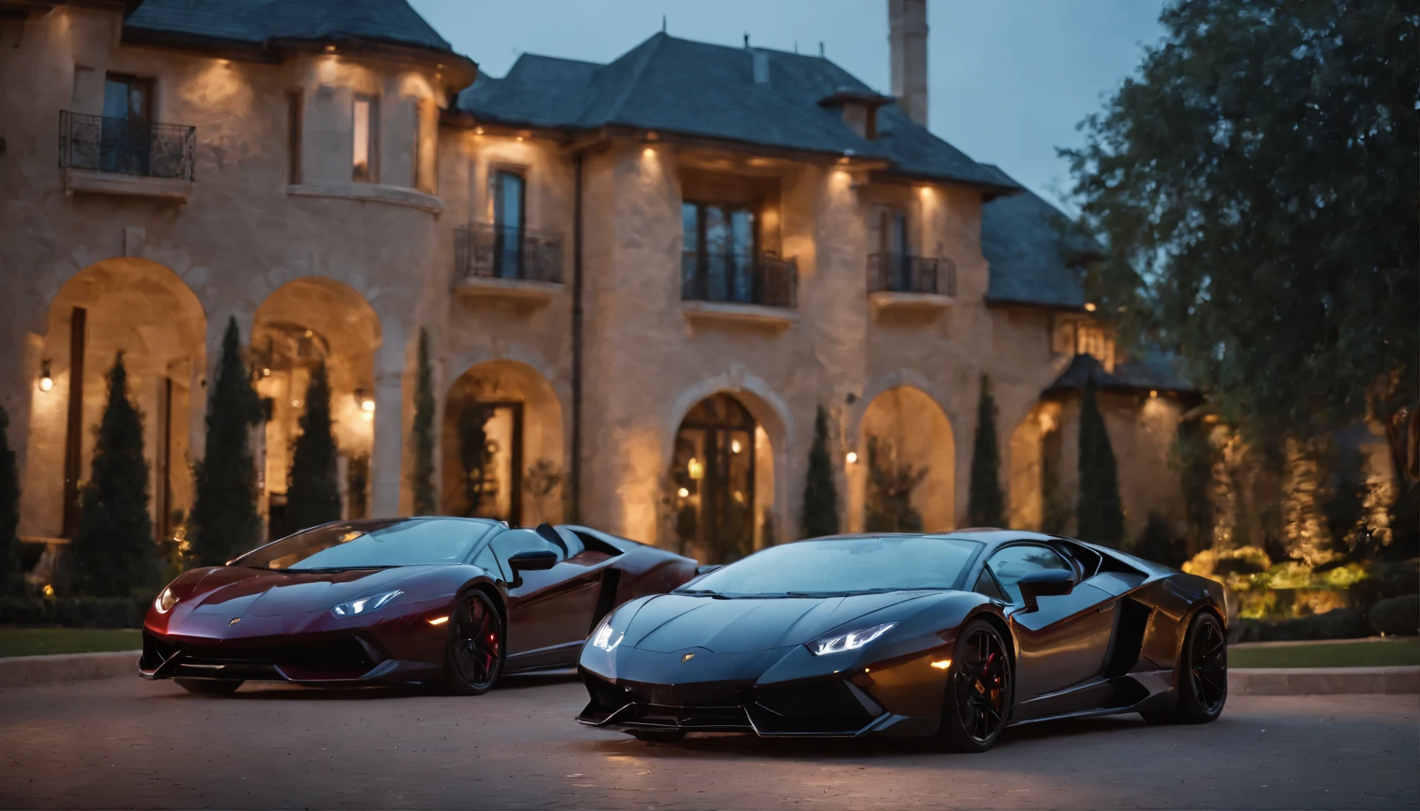 2 extremely wealthy rich men , sitting on Lamborghini, infront of house huge modern mansion, rich, neon lights, cash raining down, huge pile of cash