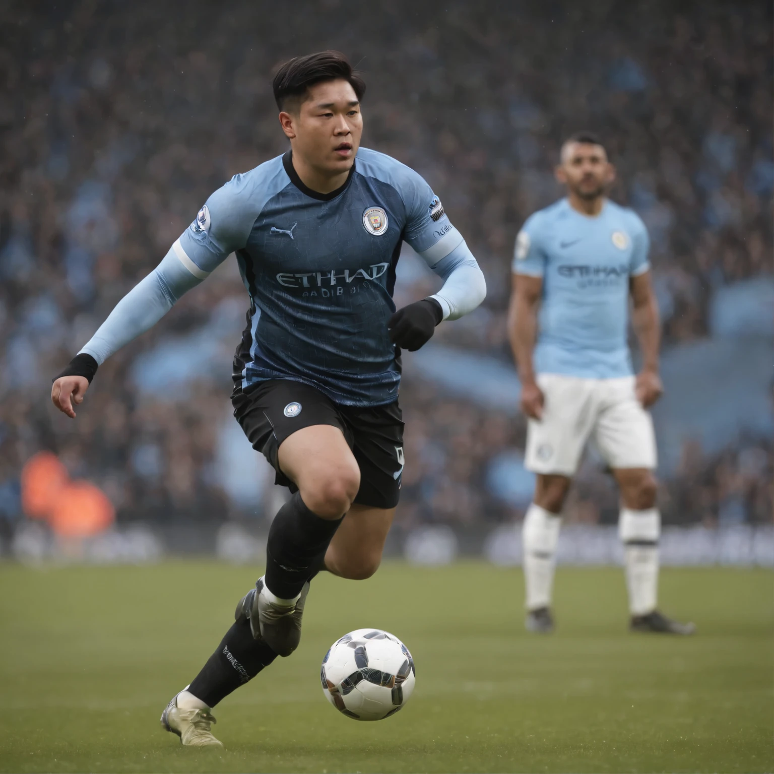 Fat Asian footballer in Man City,Full Body Image