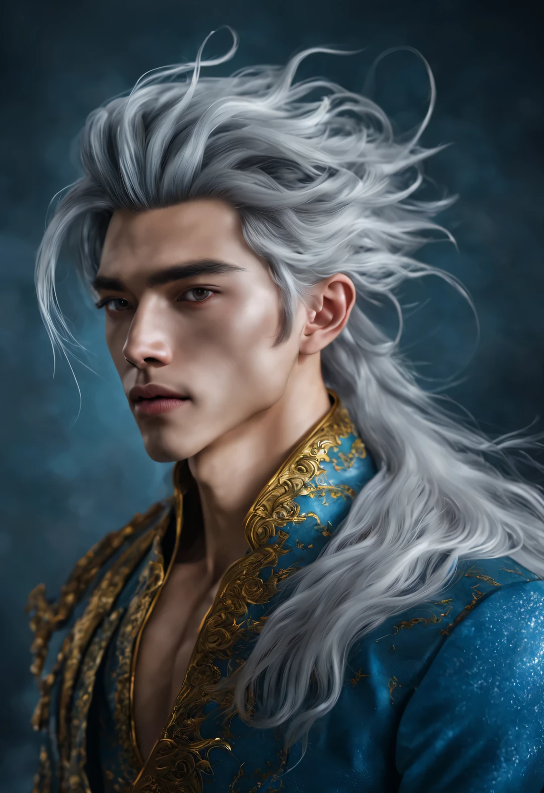 silver hair, messy hair, long hair, naughty, Surrealism, RococoStyle, neo-classical, Pixar, Vignetting, ultra high definition, masterpiece, textured skin, Super details, high detail, high quality, Award-winning, best quality, high resolution, 16k,cyberpunk,
cyberpunk风格,(Messy white flying long hair:1.2), (Affectionate Chinese handsome man Lan Ling faces the camera),(Pan An’s outfits for modern and fashionable men's blue sweater suit pants:1.37),Pan An’s skin is fair and flawless,The bridge of his nose is high and straight,(long,Messy shawl hair:1.1),(double eyelids, Bright Eyes, Big clear and bright eyes),sad prince,Food with red lips and white teeth,gentle melancholy,Pan An is tall and tall.,He has a strong physique,Toned muscles,Fresh and toned abs, His exquisite facial features,Kingly style, (Main color blue:0.8),
