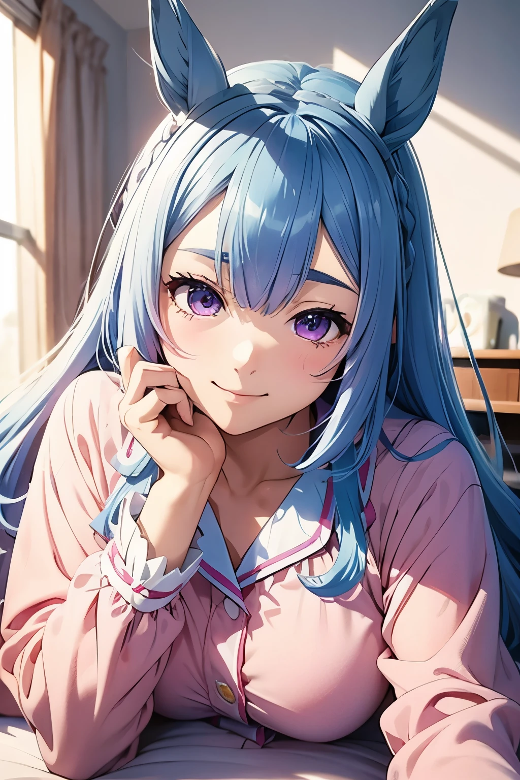 Mejiro Aldan、Uma Musume、light blue hair、purple eyes、beautiful skin、horse ears、horse tail、Full-breasted pink pajamas、sleeping in bed、smile、high resolution、high quality、