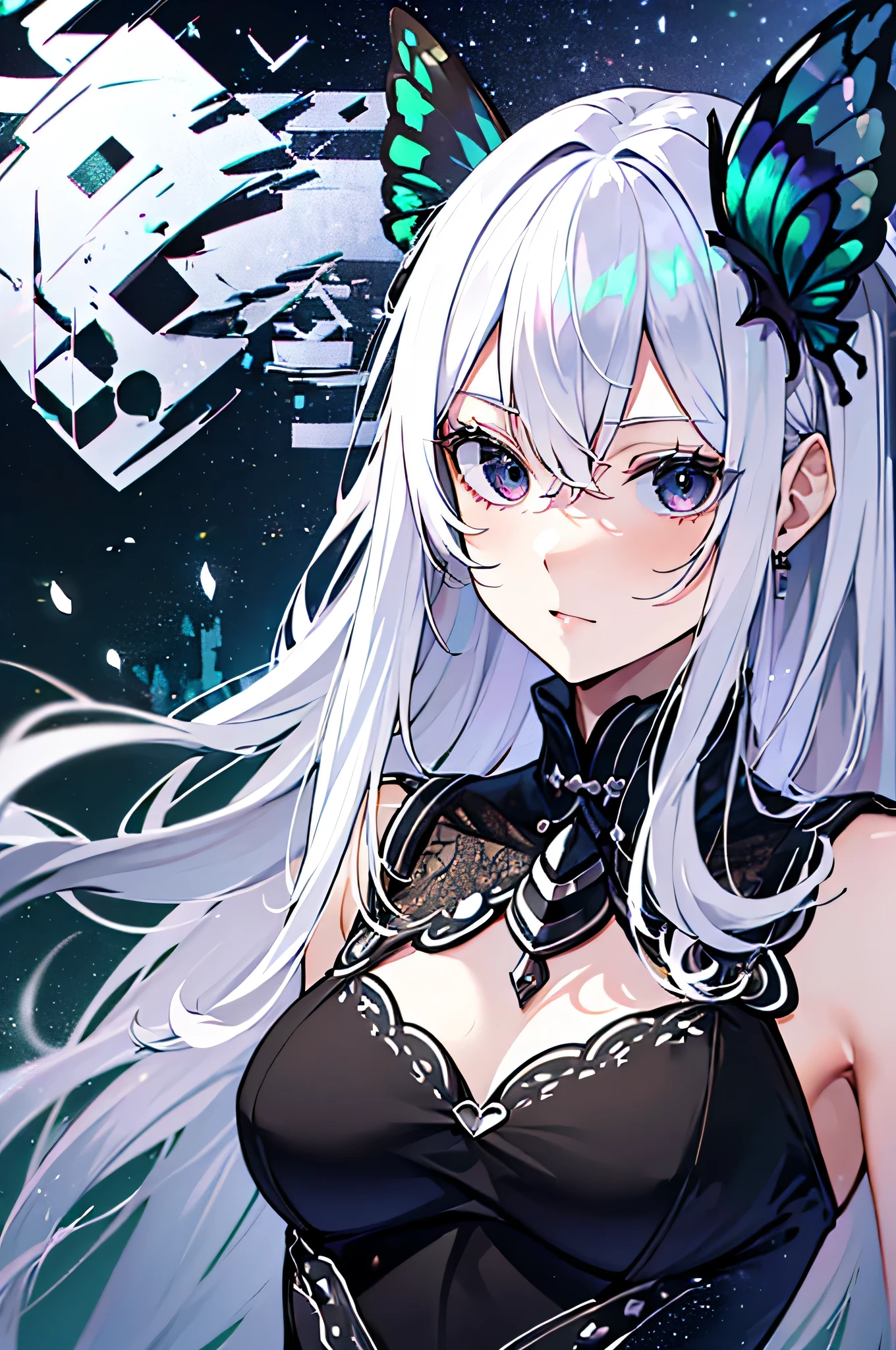 (debris flies, highest quality, ultra high resolution),1 girl, beautiful and detailed face, fine eyes,((gray hair)),(((Black and Green theme))),((whole body)),perfect eyes、no background,white background,long dress,echidna,butterfly々hair accessory