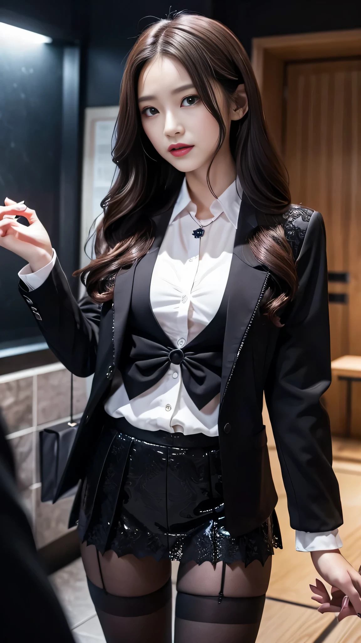 Super detailed、Japanese、charming beauty、Dainty woman、sharp eyes、cool girl、wavy hair、suit、Jacket、blouse、Tight Skirt、black pantyhose、evil female executive、evil depravity、brainwashing、Mind control、lacy fabric、Shiny legs、lipstick、have lip gloss、grin、邪evilなな表情、evil、empty eyes、邪evilな、reach out your hand、in the darkroom、lure、meanwhile、evil hypnotizing scene, 2 girls, girl being hypnotized.