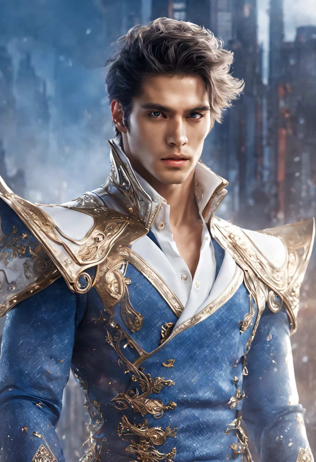 cyberpunk style photos,Messy white flying long hair, Affectionate Chinese handsome man Lan Ling faces the camera,(Pan An’s outfits for modern and fashionable men's blue sweater suit pants:1.37),Pan An’s skin is fair and flawless,The bridge of his nose is high and straight,(Messy shawl long hair:1.1),double eyelids, Bright Eyes, Big clear and bright eyes,sad prince,Red lips and white teeth,gentle melancholy,Pan An is tall and tall.,He has a strong physique,Toned muscles,Fresh and toned abs, His exquisite facial features,Kingly style, (Main color blue:0.8),Inspired by Audrey Hepburn,Mecha,Future sci-fi costumes