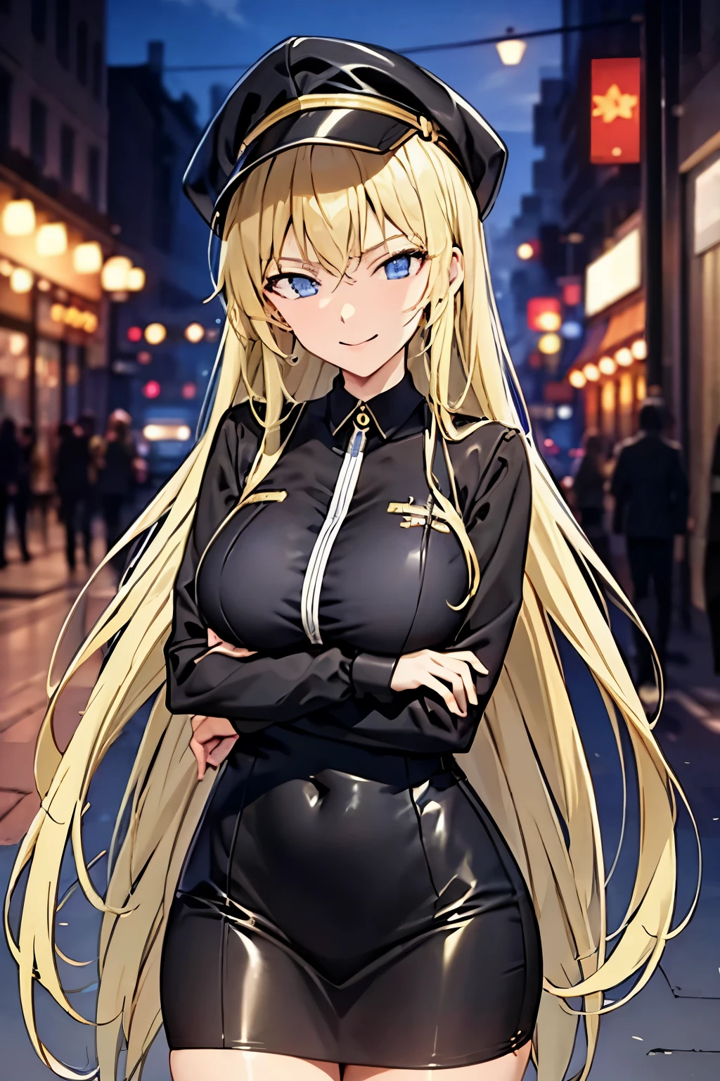 Anime girl with long blond hair and black top standing on the street, Yang Jie’s animations, Hot topics on pixiv, Continuous art, blonde anime long hair girl, Anime girl wearing black dress, anime long hair girl, from girls frontline, Beautiful anime woman, beautiful anime girl, Beautiful charming anime woman, seductive anime girls, Exquisite details. girls frontline