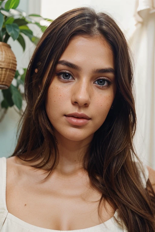 realistic portrait photo of beautiful woman with brown hair, hair roots slightly faded, Indian, influencer, light freckles, light blue eyes, no makeup, instagram