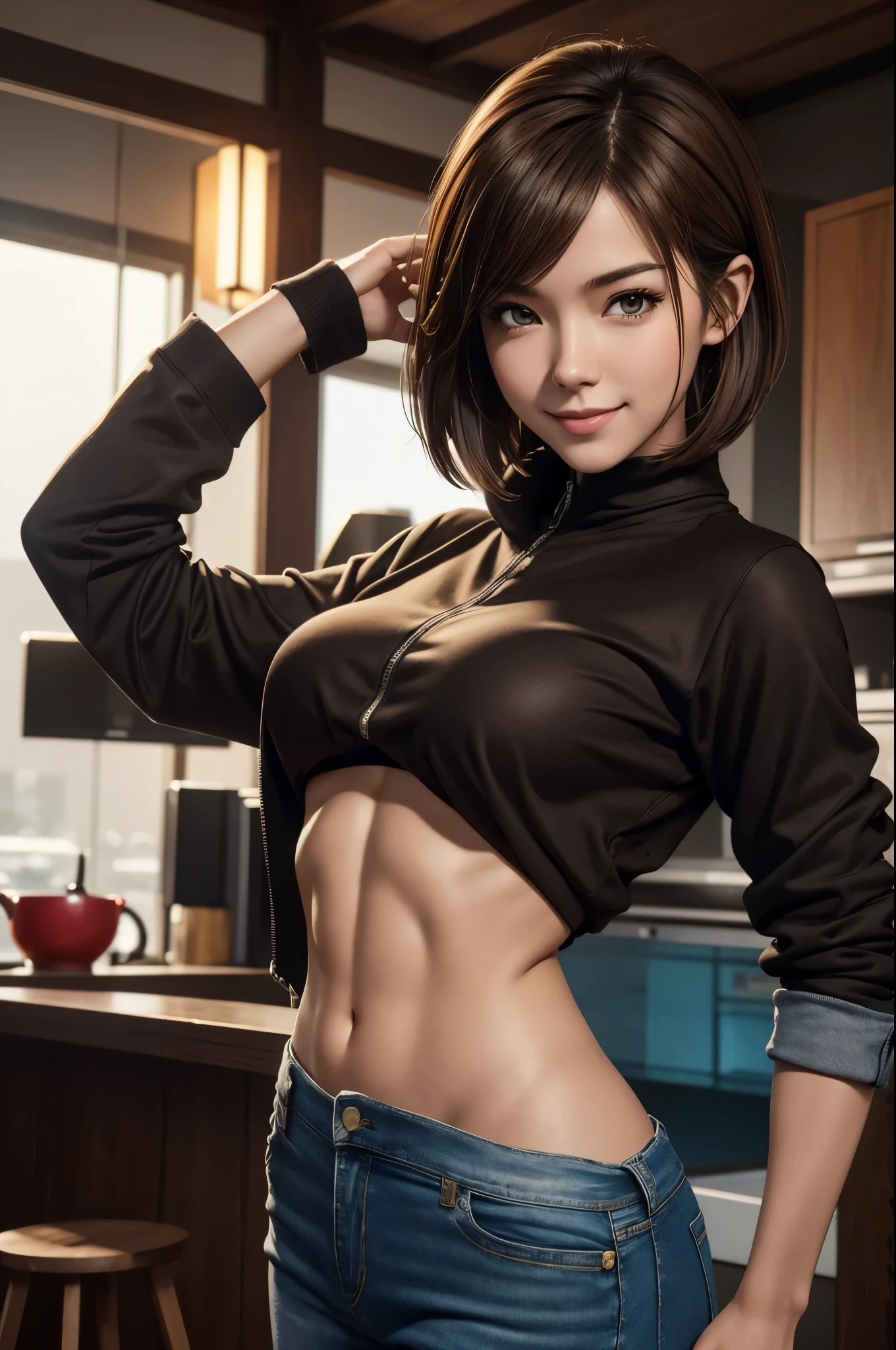 ((Wearing a  apron、Raise your hand to show your armpits、Show underarms、hyper realistic armpit、Underarms、navel、Detailed armpit wrinkles、Detailed armpit pores、Realistic armpit skin、Black armpit skin、Black armpits、Armpit posture、The front door is open、Gaze towards the viewer、ssmile、Stand with your armpits facing the viewer、Both armpits are shown、Wearing a  apron、Stand straight facing forward、showing armpit、Stand at the front door of the house、Be monitored by pizza delivery people、Standing in front of the delivery man at your doorstep)), (illustratio), (A high resolution), (8K), (The is very detailed), (The best illustrations), (Armpit posture、Raise your hands in a bare apron to expose your armpits、beatiful detailed eyes), (top-quality), (ultra - detailed), (tmasterpiece), (the wallpaper), (详细的脸、red lipsticks), (A smile、((40 years,red lipsticks,femele,Show realistic armpits))、Brown hair,High-Ponytail hairstyle,((Wearing only an apron、show navel、showing armpit)), jpn,(Slim body、small)
