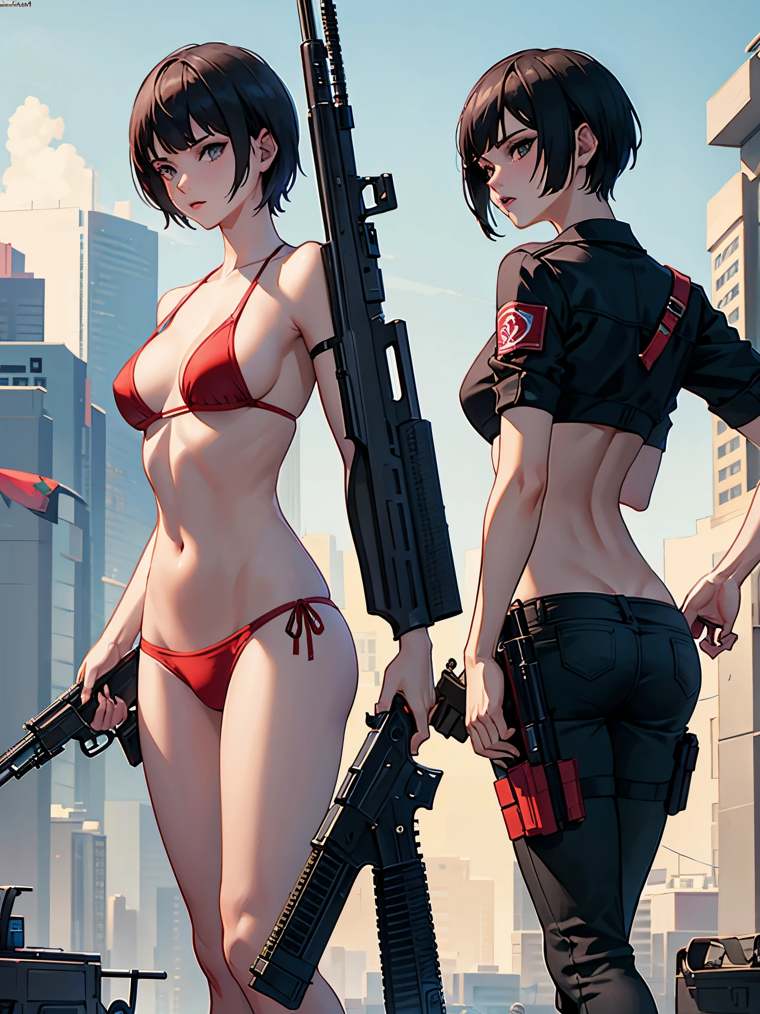 GTA5, naked, short hair, Shotgun, 10girls, red bikini, pistol, assault rifle, machine gun