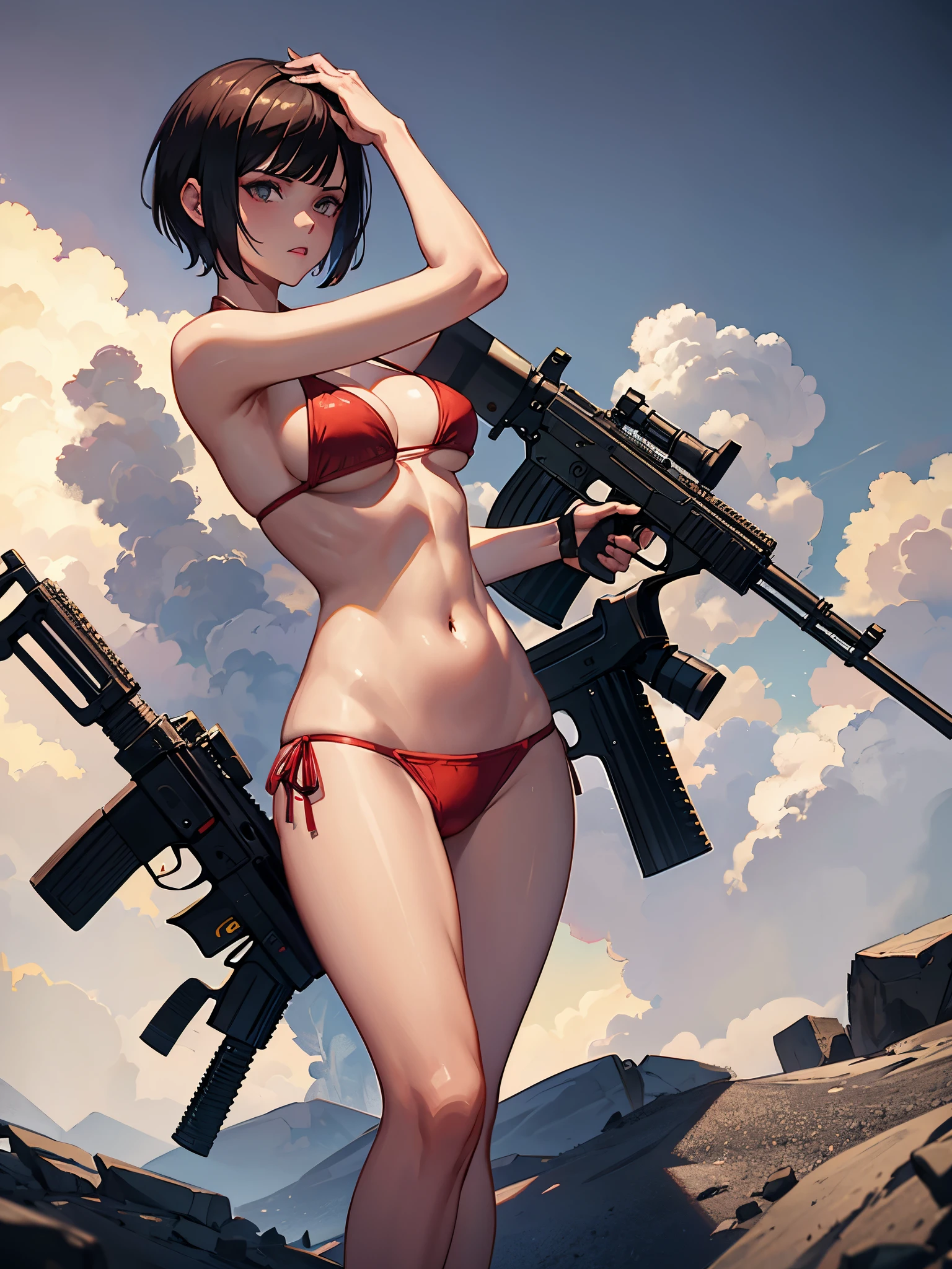 GTA5, naked, short hair, Shotgun, 10girls, red bikini, pistol, assault rifle, machine gun