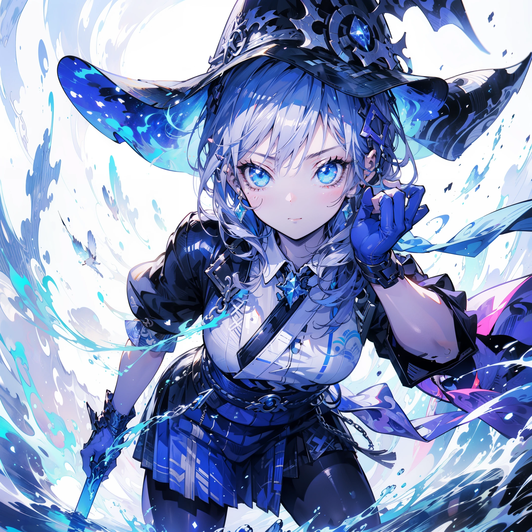 white background, blue skirt,solo woman, alone, (kneel down), (kneel down on white glass surface), (dk, small), (white background), (witch hat), curly, looking at the viewer, with panoramic view, Vision, It begins with the night of the ark., Popular topics on Art Station pixiv, Arknight, pixiv digital art,Onmyoji detailed art, Japanese anime fantasy illustration, author:hero, anime art wallpaper 8k, Sky Witch, pixiv style, anime art wallpaper 4k, anime art wallpaper 4k, (pretty background), Ink painting style,pretty colors,Decisive cut,広いblank領域, blank, space,master piece, super sophisticated,epic work,expensive、expensive品質,best quality,4K