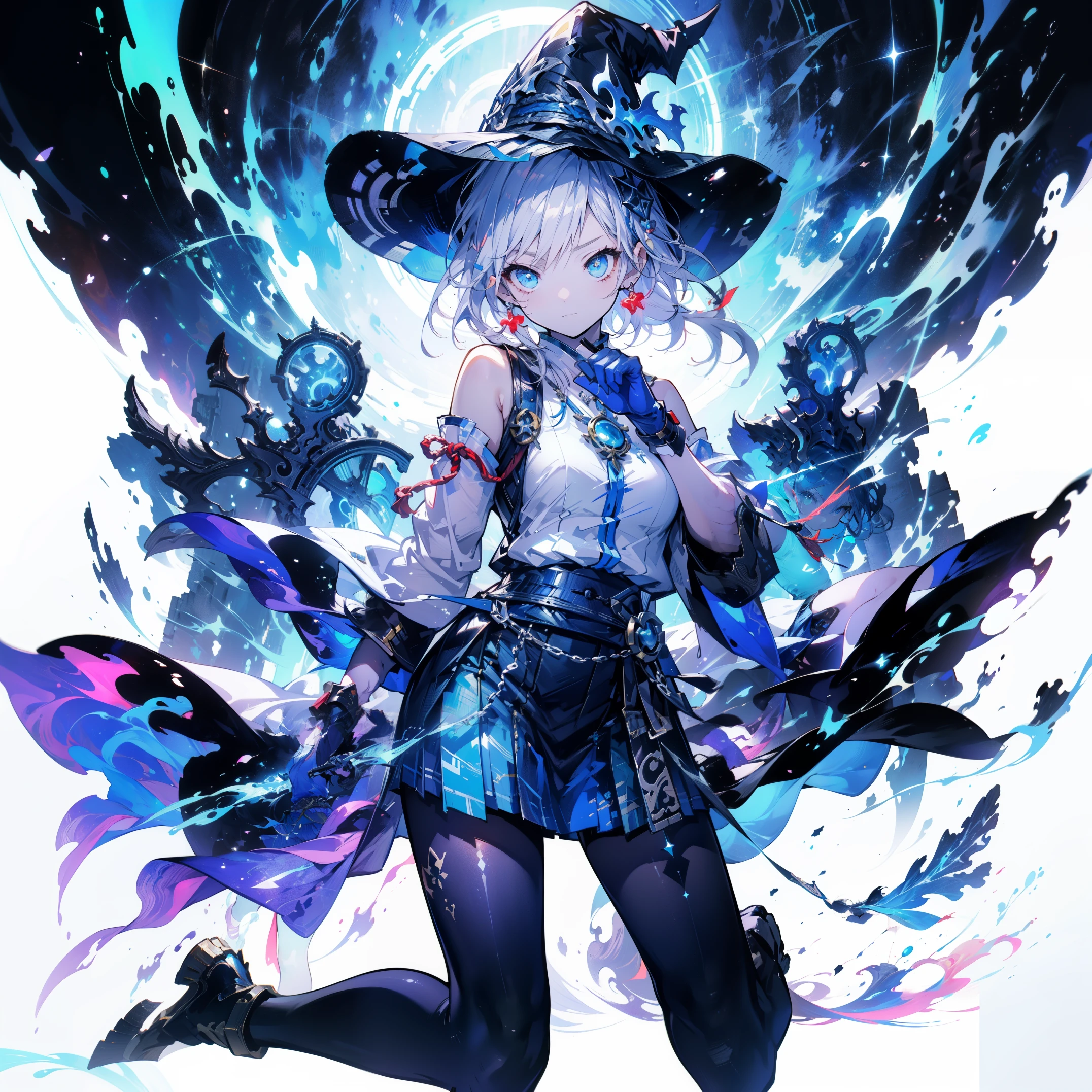 white background, blue skirt，solo woman, alone, (kneel down), (kneel down on white glass surface), (dk, small), (white background), (witch hat), curly, looking at the viewer, with panoramic view, Vision, It begins with the night of the ark., Popular topics on Art Station pixiv, Arknight, pixiv digital art,Onmyoji detailed art, Japanese anime fantasy illustration, author：hero, anime art wallpaper 8k, Sky Witch, pixiv style, anime art wallpaper 4k, anime art wallpaper 4k, (pretty background), Ink painting style，pretty colors，Decisive cut，広いblank領域, blank, space，master piece， super sophisticated，epic work，expensive、expensive品質，best quality，4K