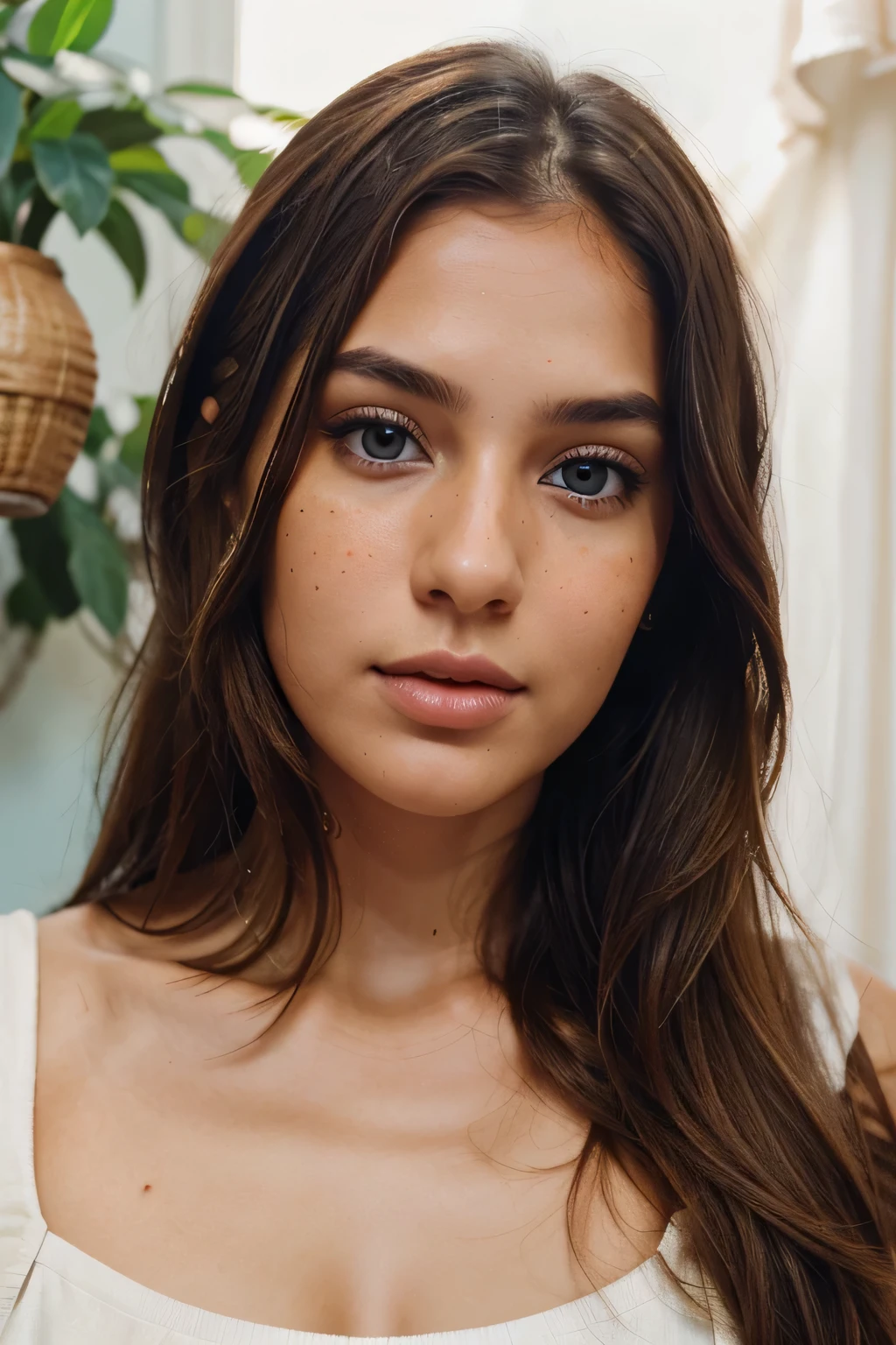 realistic portrait photo of beautiful woman with brown hair, hair roots slightly faded, Indian, influencer, light freckles, light blue eyes, no makeup, instagram