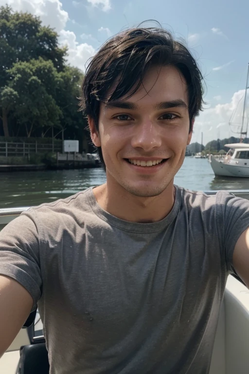 a young scottish man with black hair, He has a friendly and welcoming smile with light facial scruff. His eyes are bright, and he seems to be looking directly at the camera taking a selfie with a playful and engaging expression. The man's skin is fair, and the background is water he is on a boat He is wearing what appears to be a dark-colored shirt, and overall, he gives off a relaxed and cheerful vibe.