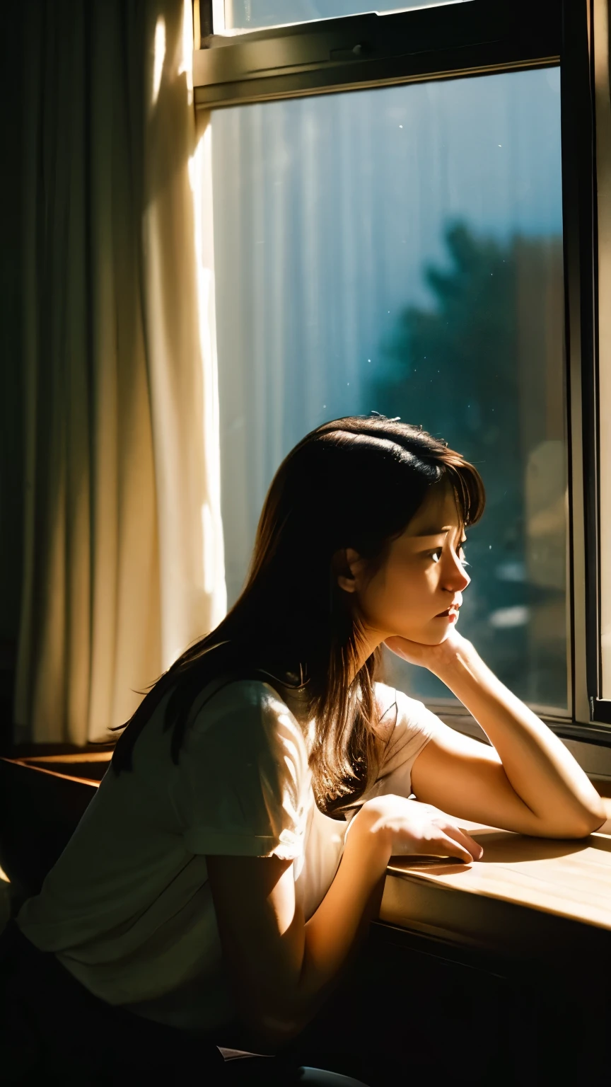 There is a woman sitting at a table looking out a window - SeaArt AI
