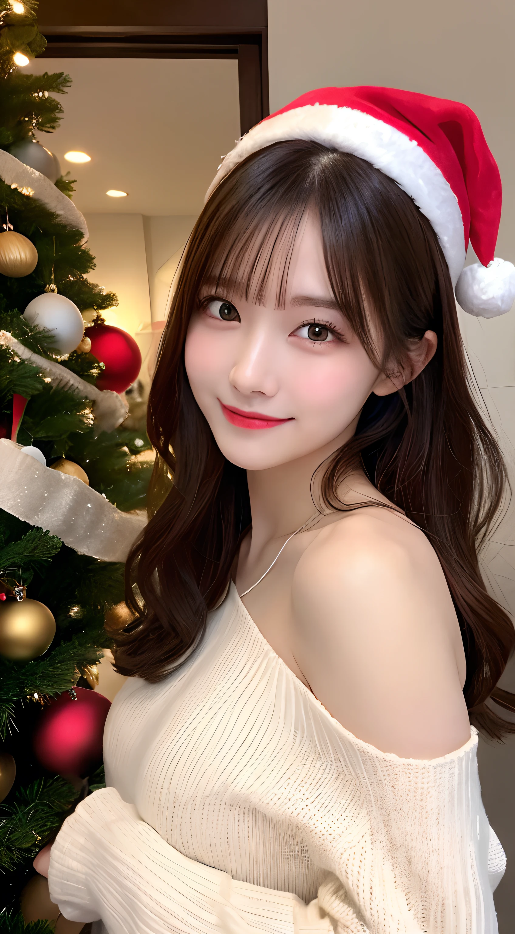 masutepiece, Best Quality, Illustration, Ultra-detailed, finely detail, hight resolution, 8K Wallpaper, Perfect dynamic composition, Beautiful detailed eyes, Long sleeve knit with shoulder extension,Bob Hair,full bodyesbian, Natural Color Lip, Random and sexy poses,Smile,20 years girl,　Beautuful Women:1.2、(Super cute face in idol style:1.2), Christmas tree,Christmas Party,Santa Claus Costume:1.2,