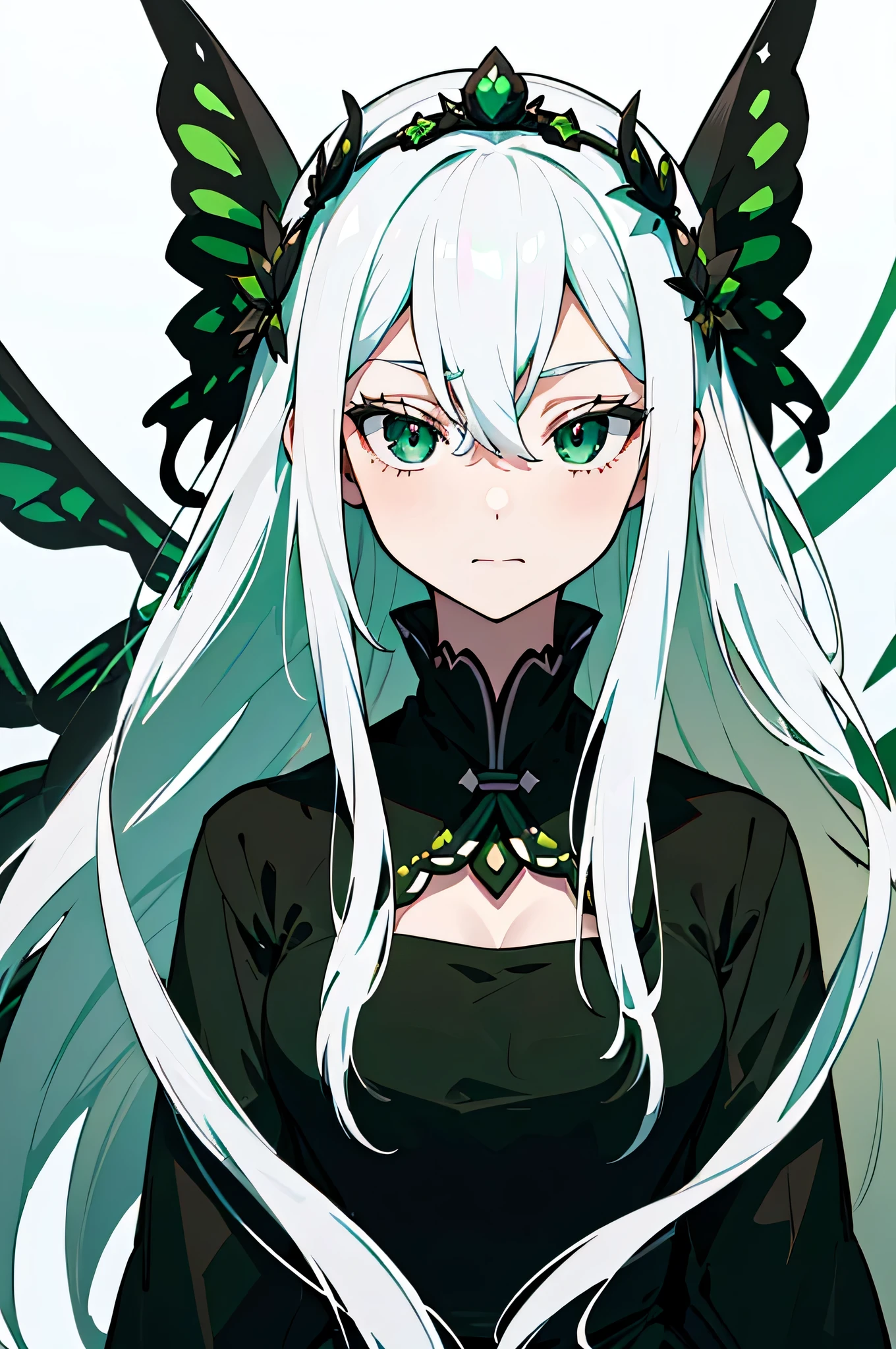 ((highest quality)),(debris flies, ultra high resolution),1 girl, beautiful and detailed face, fine eyes,((gray hair)),(((Black and Green theme))),((whole body)),perfect eyes、no background,white background,long dress,echidna,butterfly々hair accessory