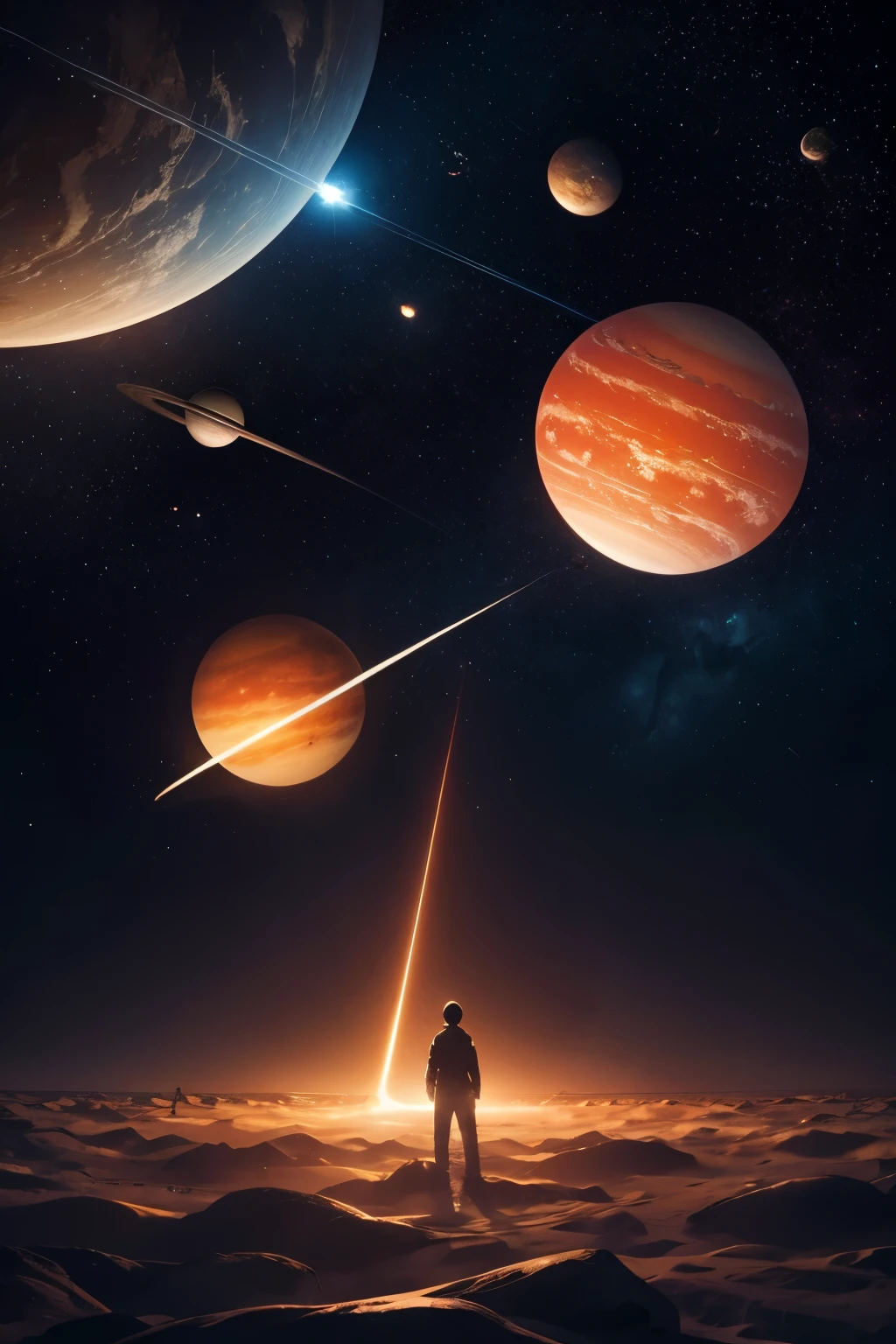 Illustrate a celestial symphony where stars and planets emit radiant colors, turning the silent emptiness of space into a breathtaking visual orchestra