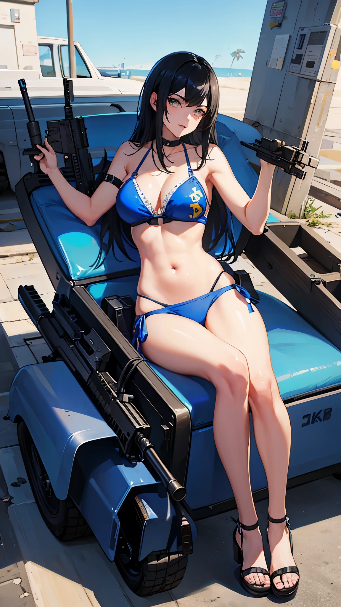 GTA5, blue bikini, ((M60 machine gun))