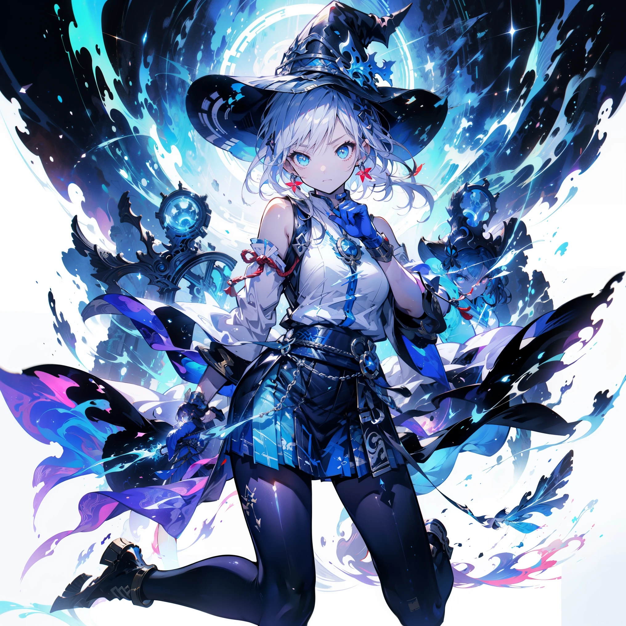white background, blue skirt，solo woman, alone, (kneel down), (kneel down on white glass surface), (dk, small), (white background), (witch hat), curly, looking at the viewer, with panoramic view, Vision, It begins with the night of the ark., Popular topics on Art Station pixiv, Arknight, pixiv digital art,Onmyoji detailed art, Japanese anime fantasy illustration, author：hero, anime art wallpaper 8k, Sky Witch, pixiv style, anime art wallpaper 4k, anime art wallpaper 4k, (pretty background), Ink painting style，pretty colors，Decisive cut，広いblank領域, blank, space，master piece， super sophisticated，epic work，expensive、expensive品質，best quality，4K