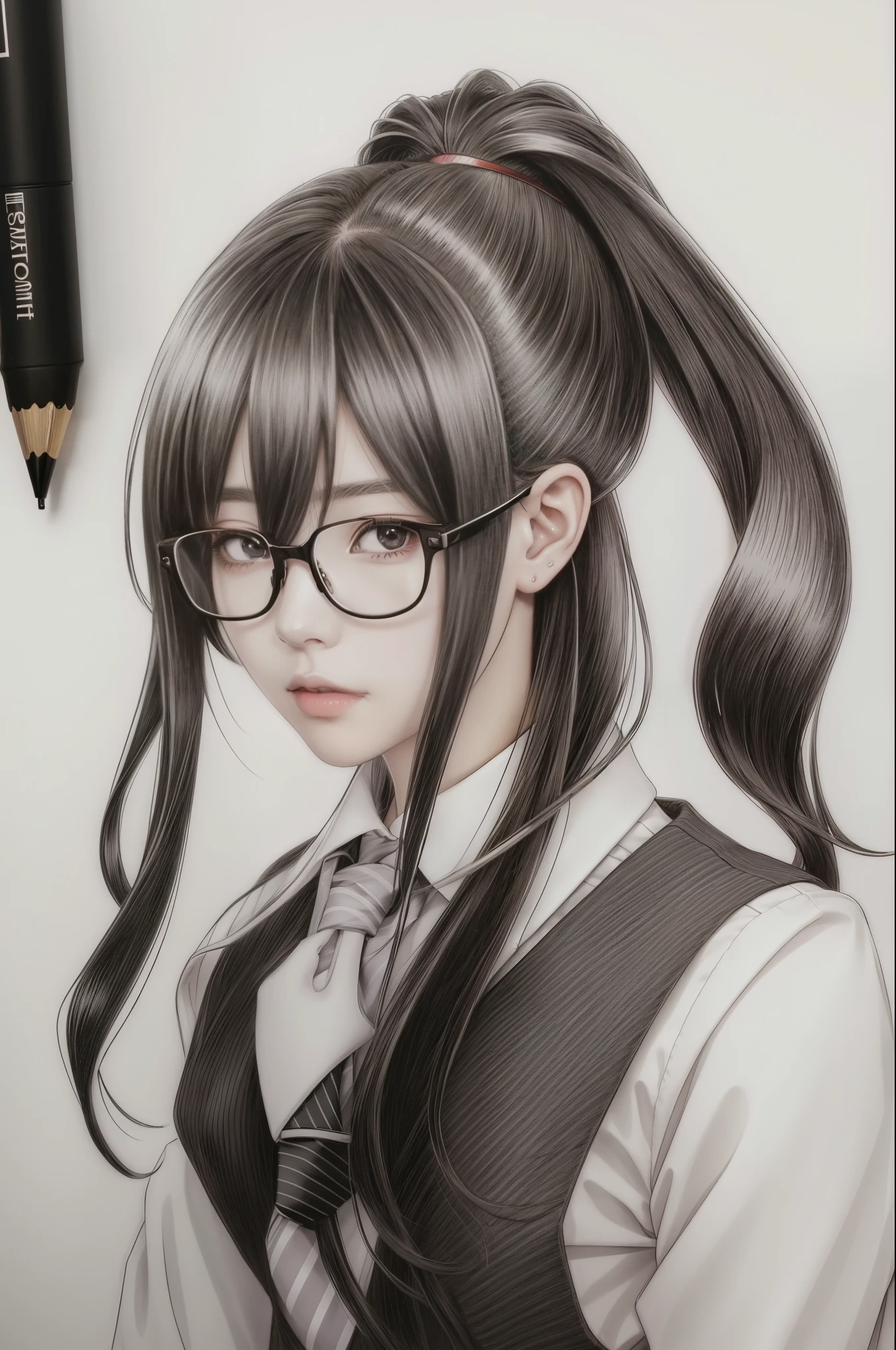 drawing of a girl with glasses and a tie with a pencil, realistic anime art style, beautiful anime portrait, portrait of an anime girl, japanese anime artist drawn, portrait of anime girl, portrait anime girl, detailed portrait of anime girl, anime style portrait, realistic anime artstyle, anime portrait, anime realism style, artgerm portrait, anime drawing, anime girl portrait