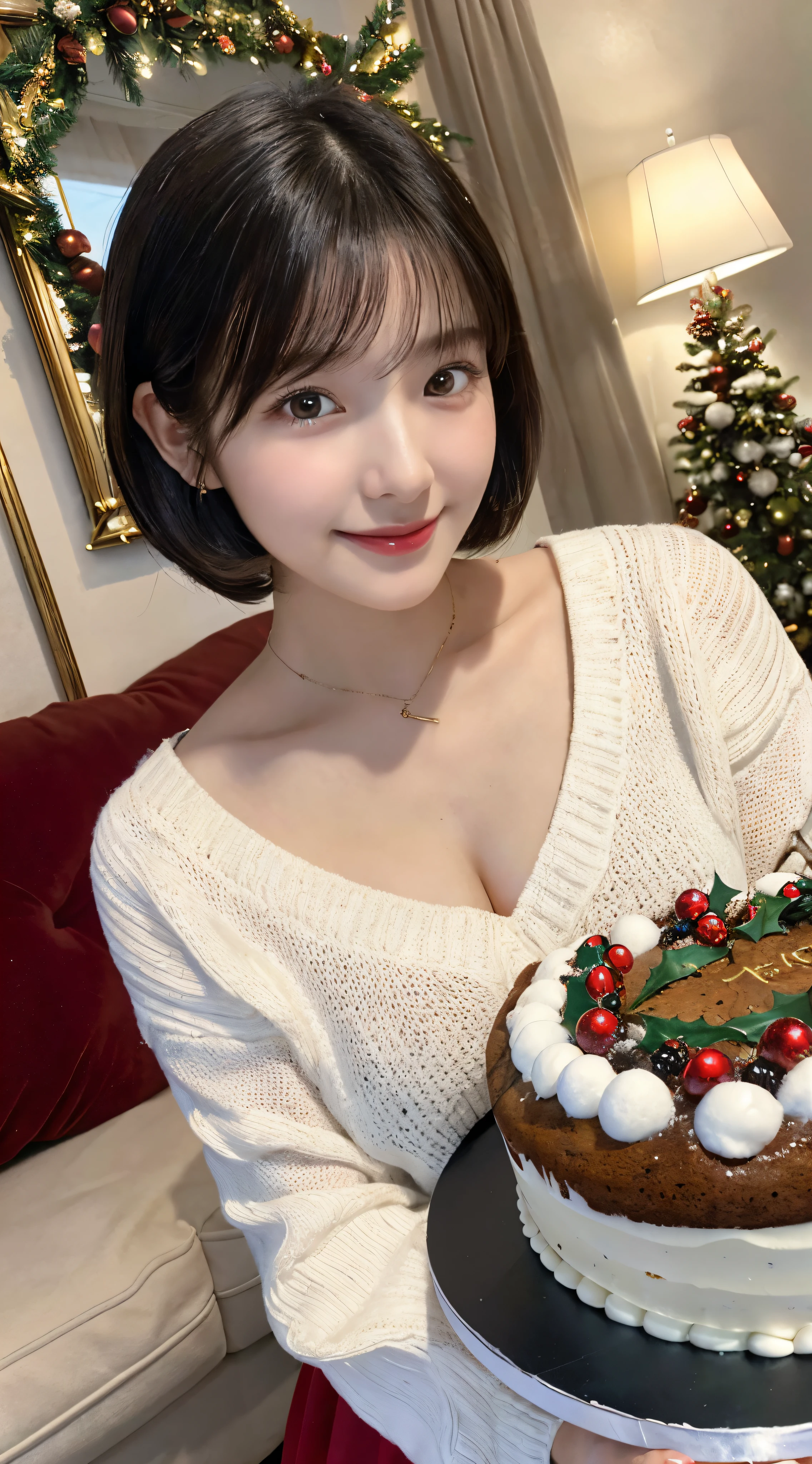 (top-quality,8K picture quality,masterpiece:1.3,),(超A high resolution,Photorealsitic:1.4,Raw photography),(ultra-detailliert,Caustics,perfect anatomia),(Ultra-realistic capture,Beautifully detailed skin),(A girl smiling broadly in front of a large Christmas cake),(Christmas cake close-up:1.1),livingroom,18year old,Black hair short bob,One heavy,White sweater,Bust-up shot,(low angles),Warm color lighting