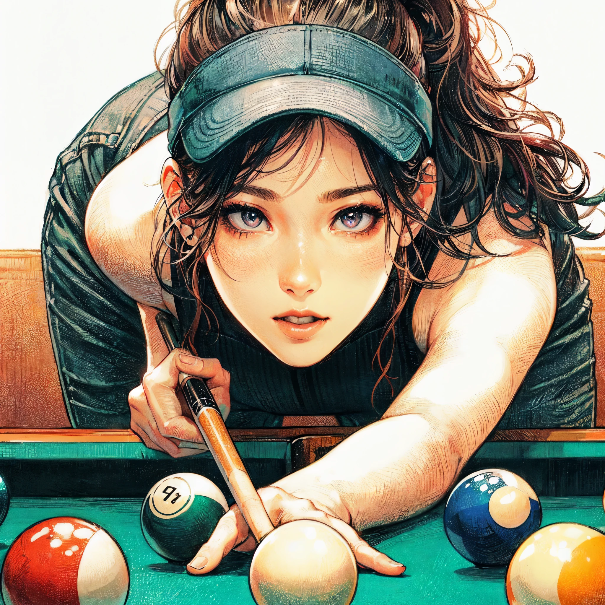 high quality,hd,16k,sharp line,1girl,female billiard athlete ,cute face, large breasts, trained abs, nice legs, sweat,in billiard venue,focus girl,detailed beautiful face,detailed clothes,beautiful eyes,pretty,dynamic angle