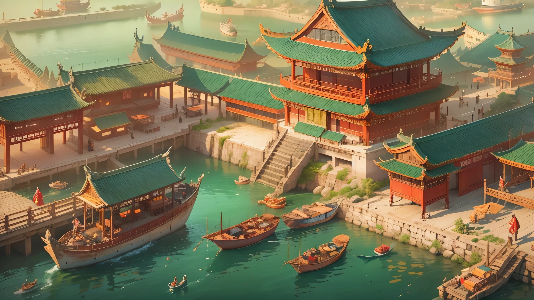 dreamy chinese city，Tang dynasty rendering，Pier with ships and port and buildings，Chinese traditional port，Carefully designed traditional Chinese architecture，Aerial view of the entire port，Soft material，neat building