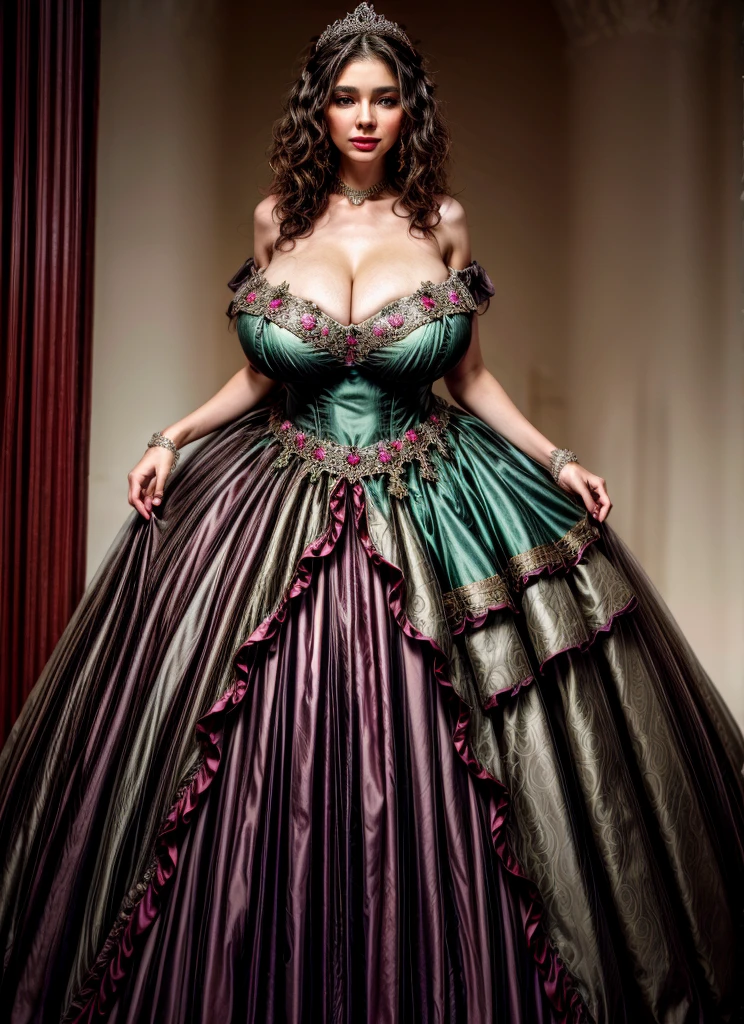 Irish woman,  curly hair,black hair, high cheekbones, glossy lipstick, pouting, pouting lips, white pale skin, tall, curvaceous, small waist, big hips, hip dips, large breasts, big breasts, sagging breasts, looking at viewer, Best quality, 8k, Masterpiece, realistic, photorealistic, (gigantic breasts:1.2),wearing beautiful embroidery and jeweled ruffled gorgeous princess ballgown with voluminous full length hoop skirt,
princess in a beautiful embroidery and jeweled rococo princess ballgown with voluminous full length hoop skirt,super detailed gorgeous princess ballgown with voluminous full length hoop skirt,jeweled Gorgeous rococo princess ballgown with long train,jeweled Gorgeous rococo princess ballgown with long train,gorgeous rococo princess ballgown with beautiful embroidery and jeweled, detailed eyes, brown eyes, green dress