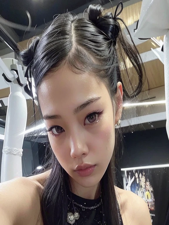 puffy Asian woman in a black blouse and black dress, jennie blackpink, with black braids, Jennie do blackpink, Jennie de blackpink, braids hairstyle, two braids hairstyle, penteado twintails, gongbi, Lalisa Manoban do Blackpink, portrait of jennie do blackpink, jennie, Jennie kim