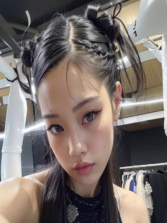 puffy Asian woman in a black blouse and black dress, jennie blackpink, with black braids, Jennie do blackpink, Jennie de blackpink, braids hairstyle, two braids hairstyle, penteado twintails, gongbi, Lalisa Manoban do Blackpink, portrait of jennie do blackpink, jennie, Jennie kim
