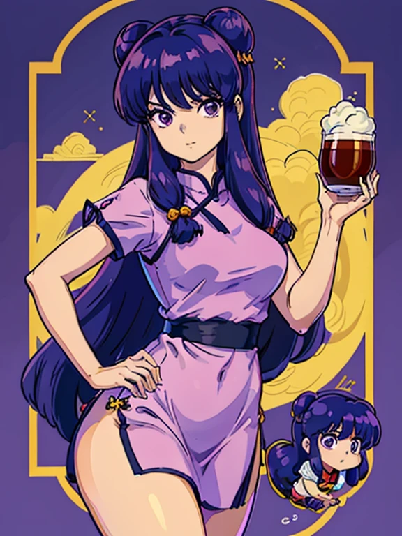 shampoo, Ranma 1/2, vestido Qipao, cabeza de bollo、Wide-haired purple, de doble cola、Pechos grandes chinos. Pose sujestiva y sensual, Background of Japanese Dollo.