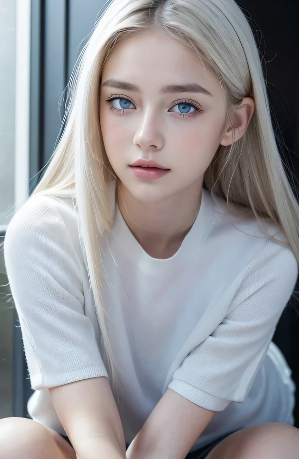 １４歳のwhite人モデル, 立っているPhoto above the knee,（(Clean clothes)), Wearing sportswear, Natural light, きれいなwhite人女性, white hair, lazy smile, (8K, Live shooting, highest quality, masterpiece: 1.2), masterpiece, Super detailed, , High-definition RAW color photo, , , , , , highly detailed eyes, realistic skin texture, highly detailed fingers, very small nose, highly detailed mouth, , Photo above the knee, , See-through feeling、transparent processing、clothes for yoga、, white髪, blue eyes, masterpiece, realistic skin texture, , shiny hair and white skin, 、 natural skin texture,  young woman like a girl,  Photo above the knee、blue eyes,  、lowered eyebrows,  innocent face,  Eyes that look kind,  natural skin texture, round face,  kind eyes, long and pure white beautiful hair、, small face,  No decorations included,  white, droopy eyebrows,  Mont Blanc, white, droopy eyebrows、sparkling eyes