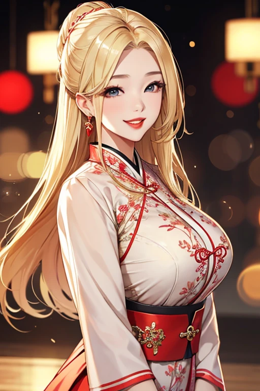 1 girl,Beautiful Korean fashion model bokeh train,(masterpiece, detailed background, highest quality),long and shiny hair,blonde hair,grin,juicy lips,red lips,