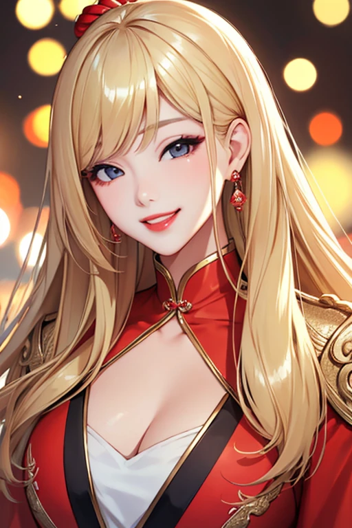 1 girl,Beautiful Korean fashion model bokeh train,(masterpiece, detailed background, highest quality),long and shiny hair,blonde hair,grin,juicy lips,red lips,