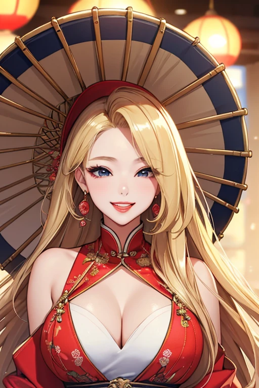 1 girl,Beautiful Korean fashion model bokeh train,(masterpiece, detailed background, highest quality),long and shiny hair,blonde hair,grin,juicy lips,red lips,