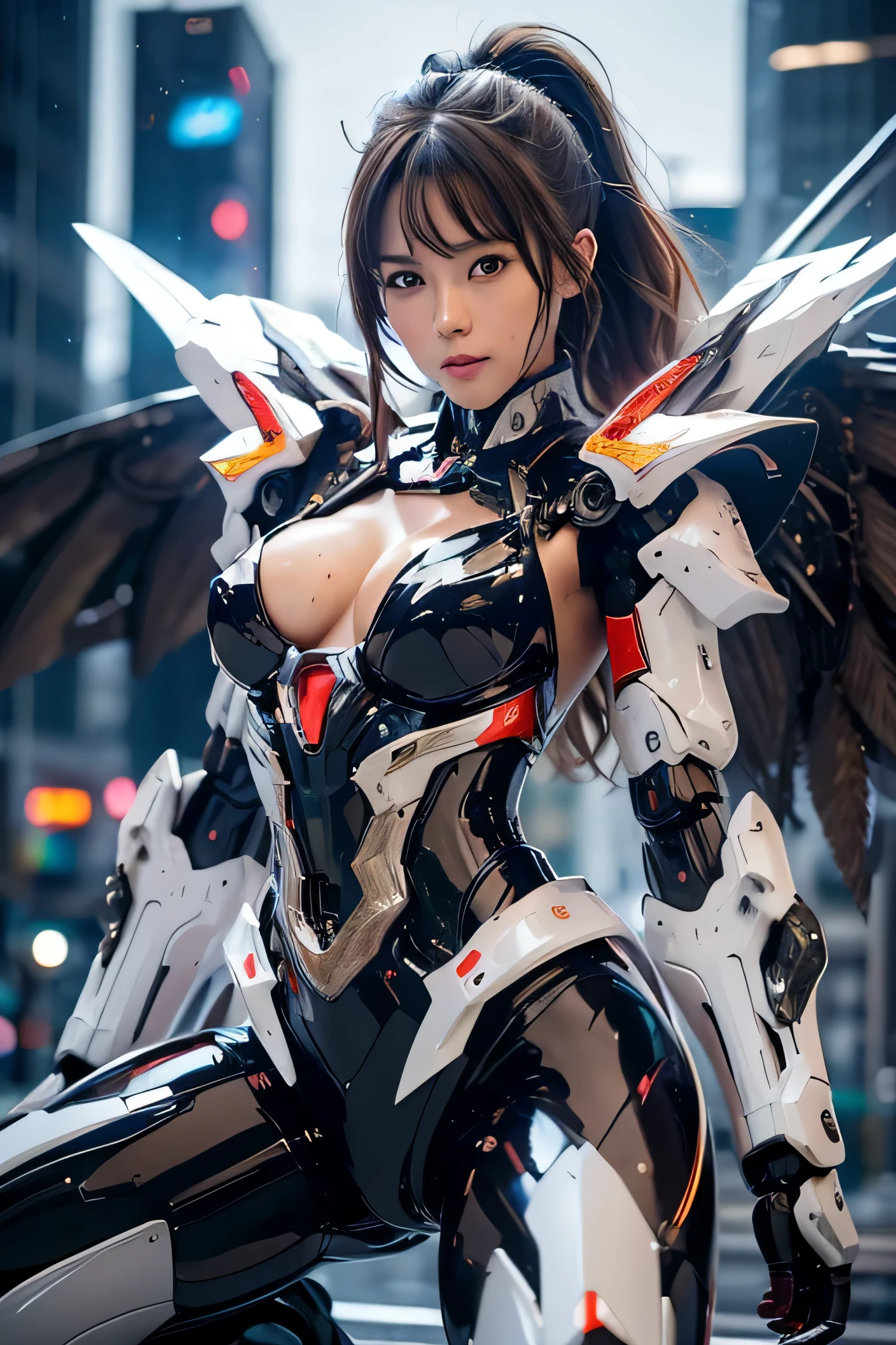 (masterpiece:1.2), Super detailed, ultra high resolution, (realistic, photo realistic:1.37), High-definition RAW color photos, professional photos, highly detailed face, very fine eyes, highly detailed skin, very fine fingers, highly detailed nose, highly detailed mouth, perfect anatomy, highly detailed background, (famous japanese actress:1.2), (Improve), (flat chest), brown race, black skin, (full_body:0.8), (Mecha clothes:1.3), robot girl, Cool move, Wet day, lightning effect, Mecha, cyberpunk city, (NSFW:0.9), spread your legs, dargon's wings,