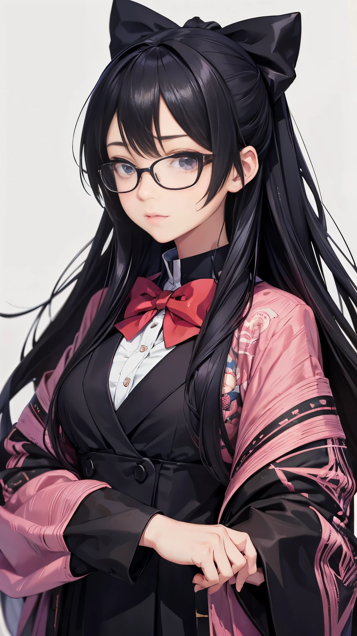a girl with long hair and glasses with a bow colored black, face, anime style portrait, anime style, beautiful face, anime girl, portrait of an anime girl, realistic detailed anime style, in an anime style, anime styled 4d