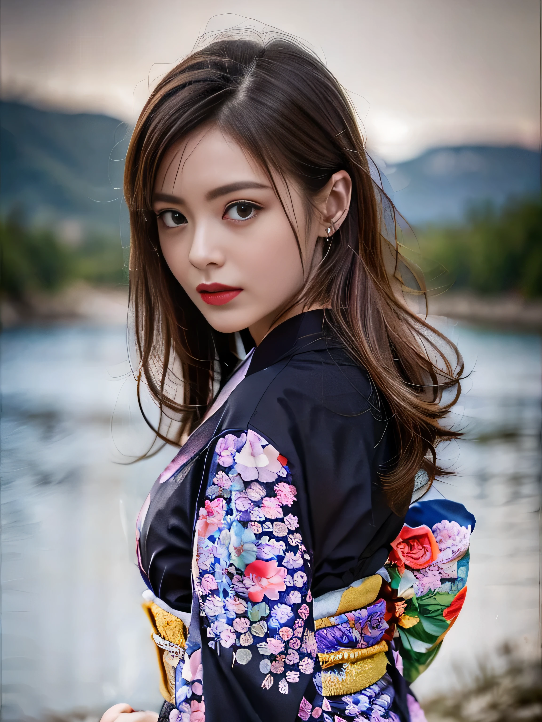 1 female、(super beautiful)、(Beautiful and sad face:1.5)、(detailed face:1.4)、Early 30s、(red pattern on black kimono:1.3)、(Wearing heavy makeup)、(red lips:1.3)、brown hair、(Just after sunset:1.2)、(The sky changes from sunset to night:1.3)、(Backlight)、If someone takes you、I want to kill you、Joren Falls、I want to see you even if I pass through the dazzling flames、Mountain. Gancheng、unforgivable love