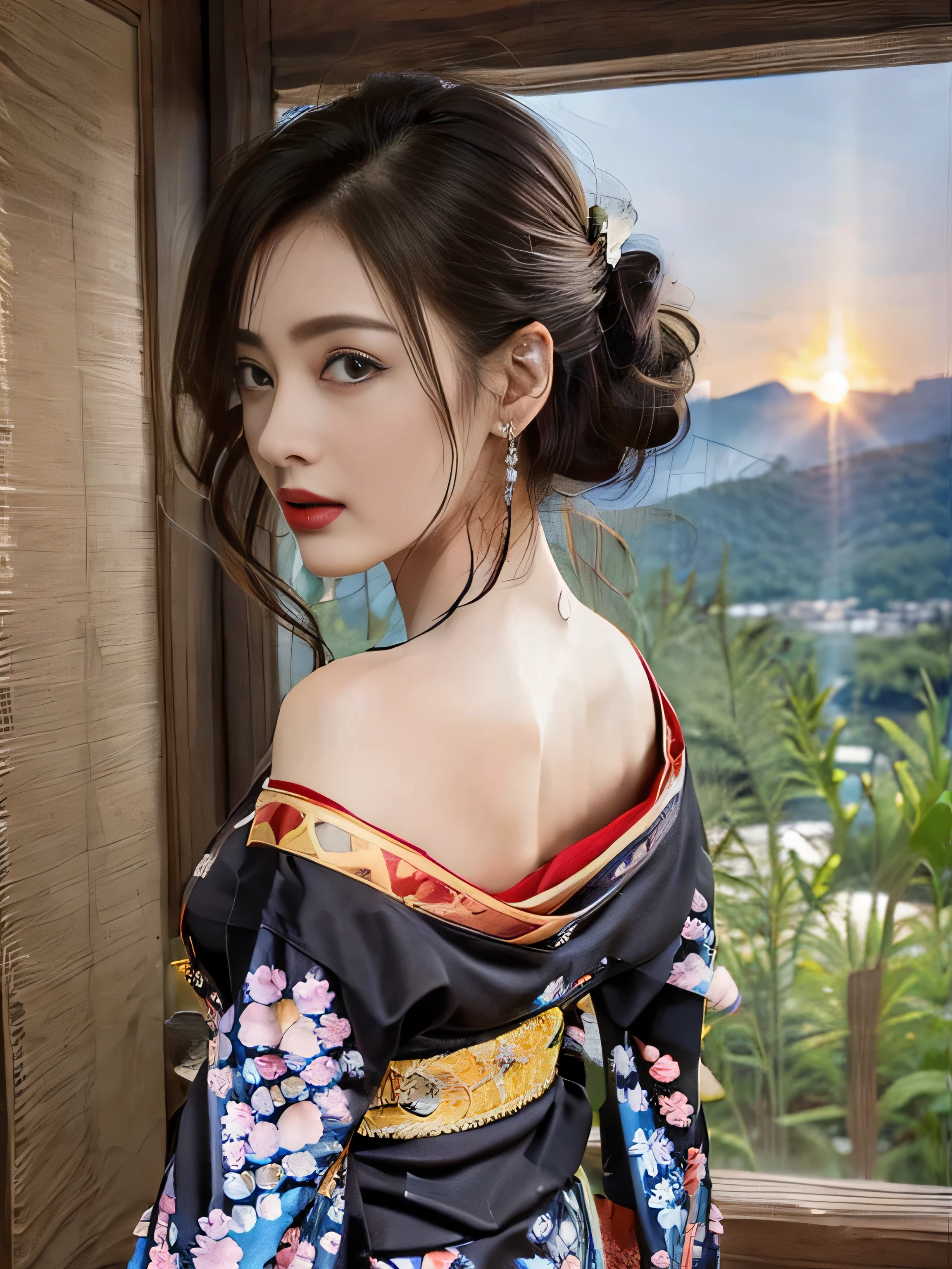 1 female、(super beautiful)、(Beautiful and sad face:1.5)、(detailed face:1.4)、Early 30s、(red pattern on black kimono:1.3)、(Wearing heavy makeup)、(red lips:1.3)、brown hair、(Just after sunset:1.2)、(The sky changes from sunset to night:1.3)、(Backlight)、If someone takes you、I want to kill you、Joren Falls、I want to see you even if I pass through the dazzling flames、Mountain. Gancheng、unforgivable love