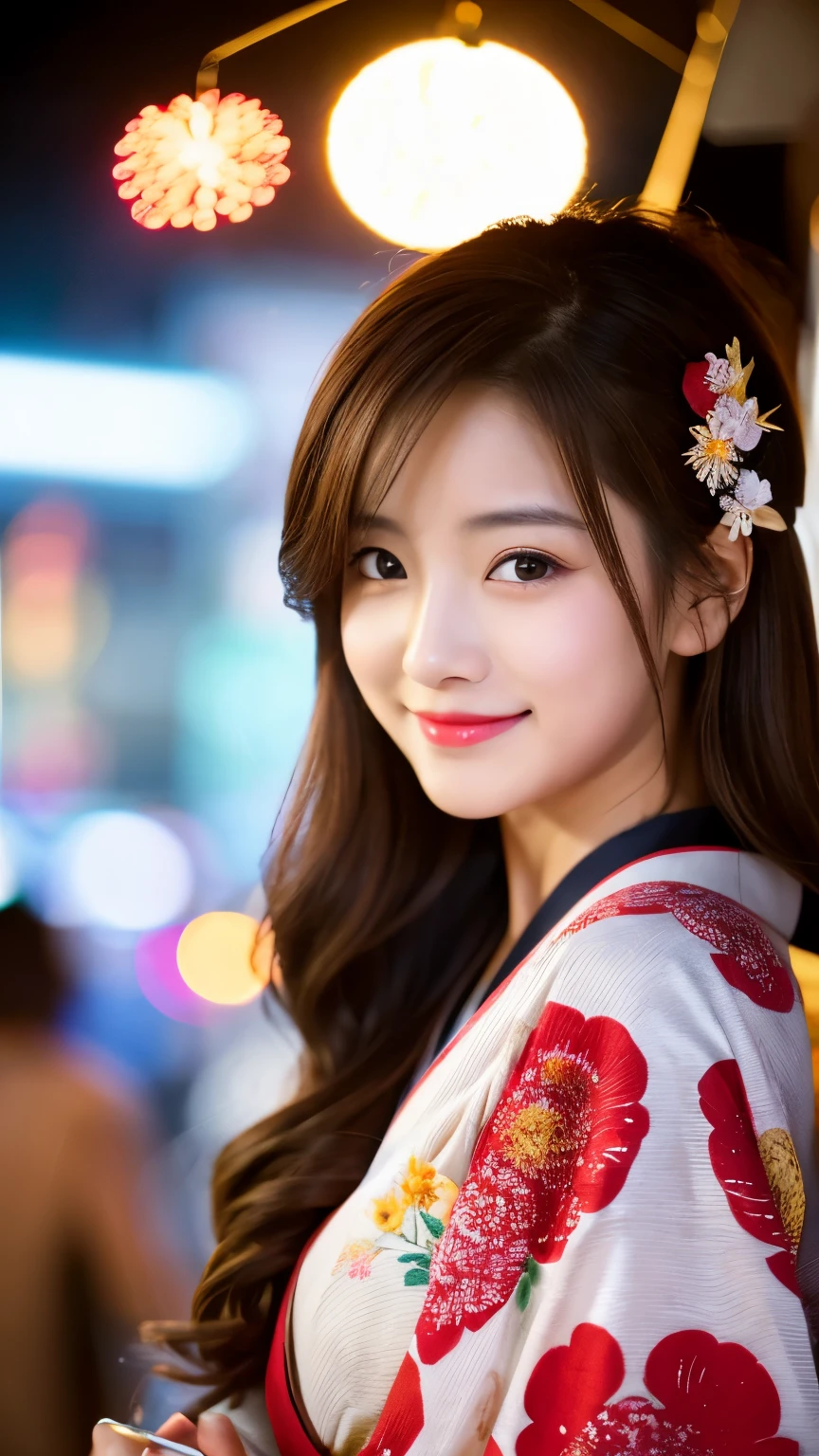 (best quality, ultra-high resolution, real, photorealistic:1.2, 8K), BREAK, a japanese girl, (upper shot:1.3), BREAK, detailed hair, brown hair, hyper detailed face, hyper detailed skin, white skin, brown eyes, blushing cheeks, detailed red lips, smile, drunk, BREAK, detailed clothings, (kimono:1.5, gorgeous flower hairpin:1.2), BREAK, (fireworks festival:1.4, food stall in the back:1.2), BREAK, (looking at the viewer:1.1)