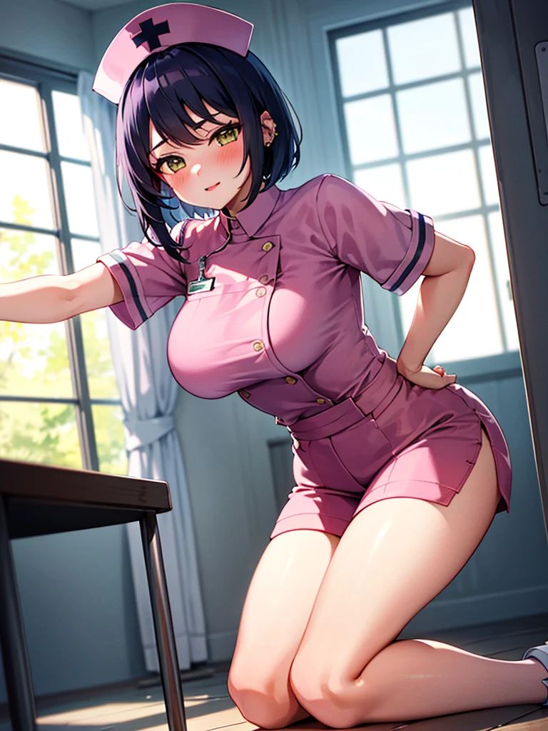 (kneeling pose), 1 girl, alone, kujousaradef, nurse, blush, hospital, indoor, Day, window, big breasts, thick thighs, short hair, null, temple, looking at the viewer, stage, Mountain, moody lighting, In-person audience, sexy pose, ear piercing, nurse uniform, pink shorts, stockings, nurse hat, pink nurse uniform, health room,